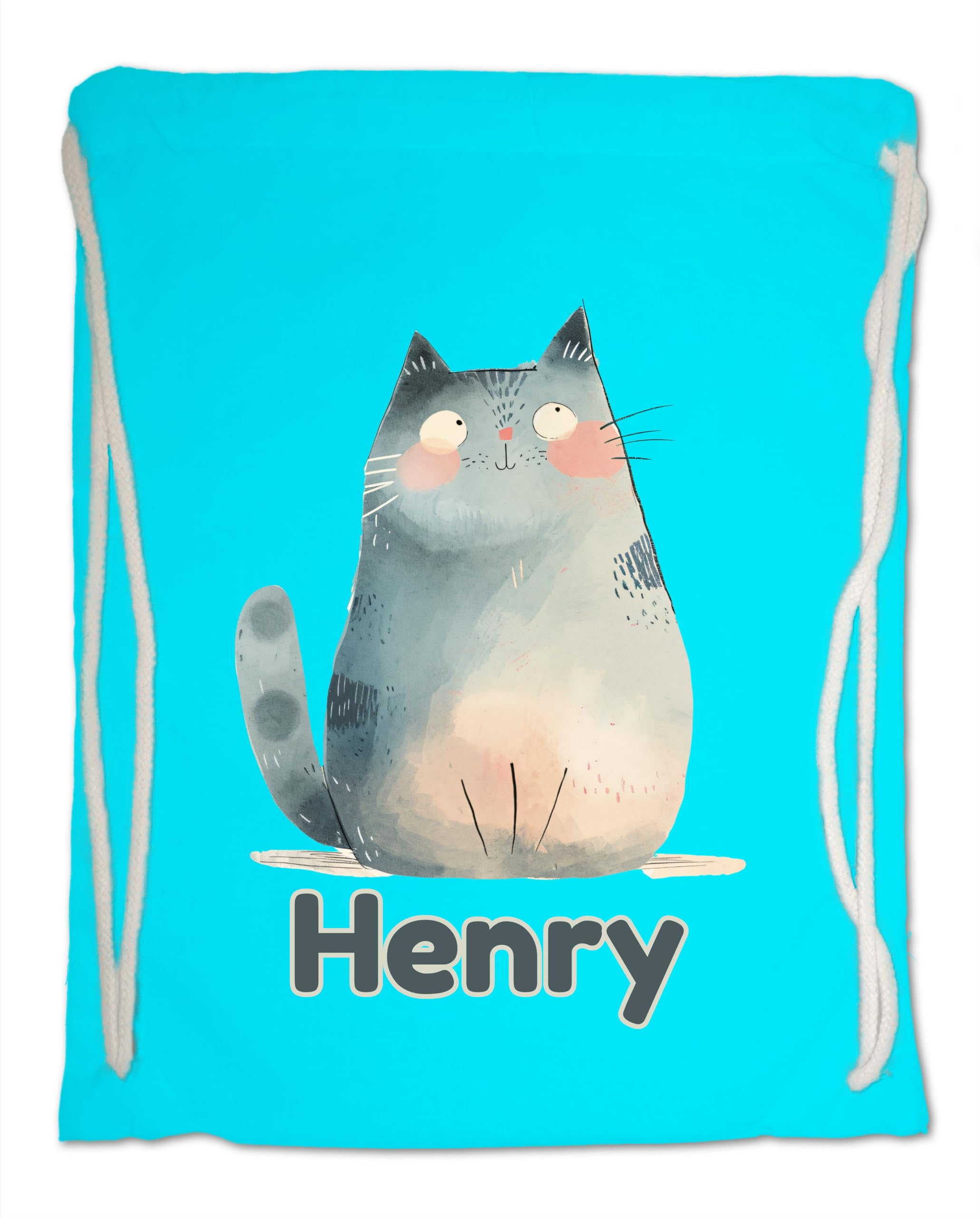 Personalised Any Name Cat Gym Bag for Kids - Ideal for School, Nursery, Travel, Swimming. 100% Cotton (Surf Blue)