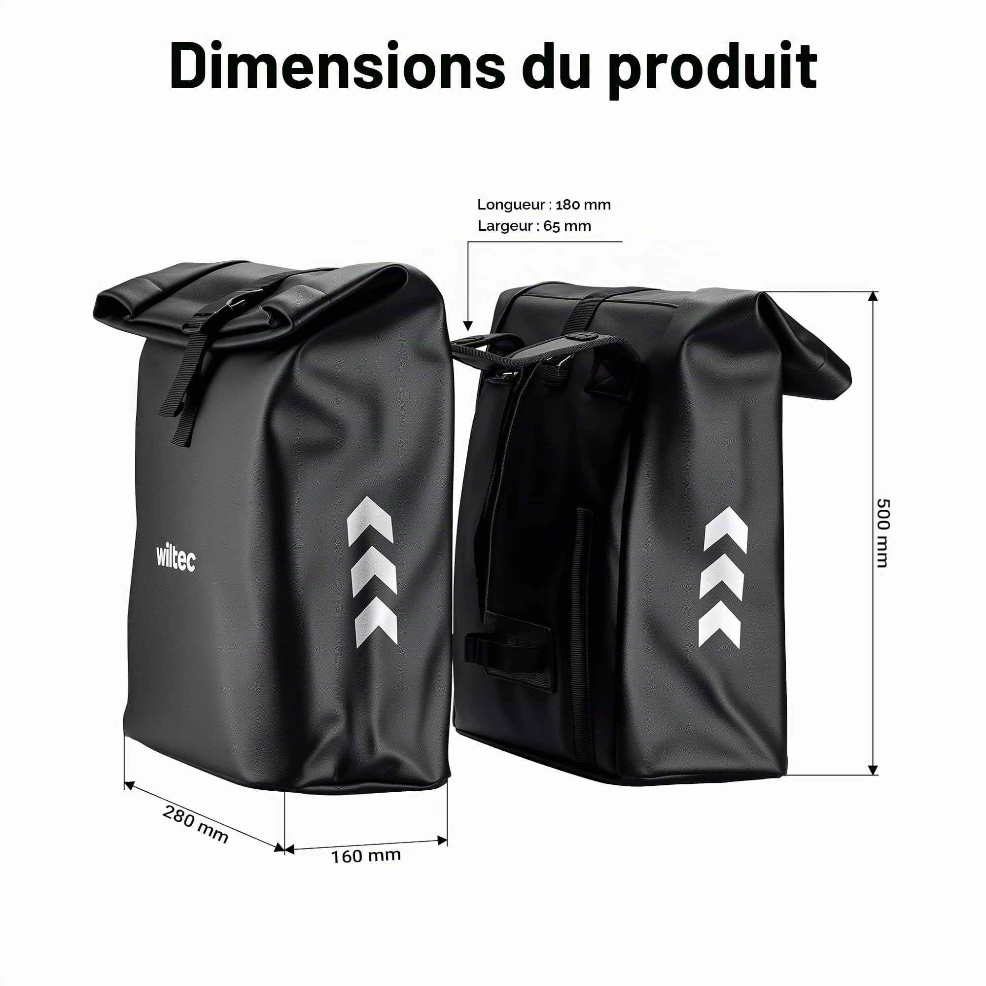 WilTec Sac Double pour Porte-Bagages 48 l, Sacoche de vélo pour Porte-Bagages 30 x 14 x 57 cm, Sacoche de vélo résistante à l'eau