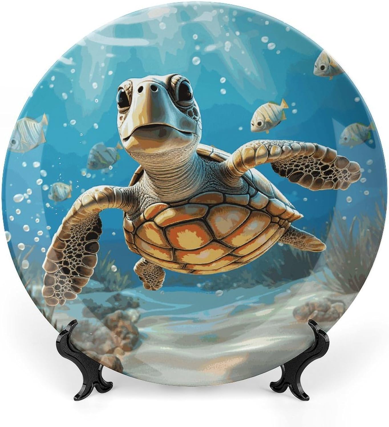 Cartoon Sea Turtle Ceramic Plate 10inch Decorative Bone China Wall Hanging Ornament Plates Bohemian Style Dinner Plate with Display Stand Cabinet Display Plates for Home Art Decor