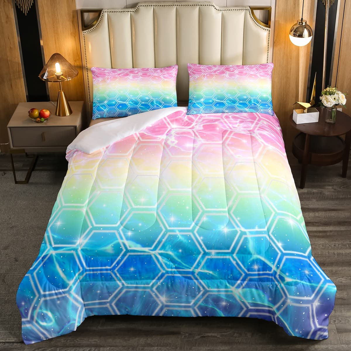 Loussiesd Honeycomb Duvet Insert Hexagonal Beehive Geometrical Bedding Set For Kids Adults Gradient Blue Pink Yellow Soft Simplistic Galaxy Double Size Warm 3 Pcs