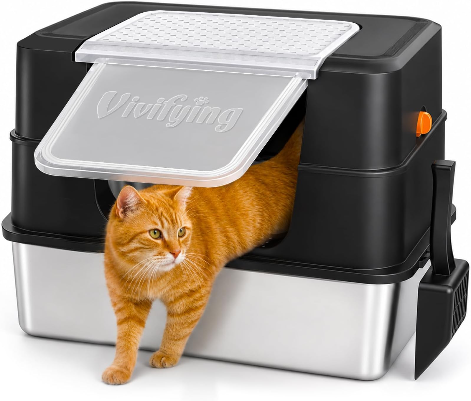 Vivifying XL Stainless Steel Cat Litter Box with Lid, Side Entry, Black