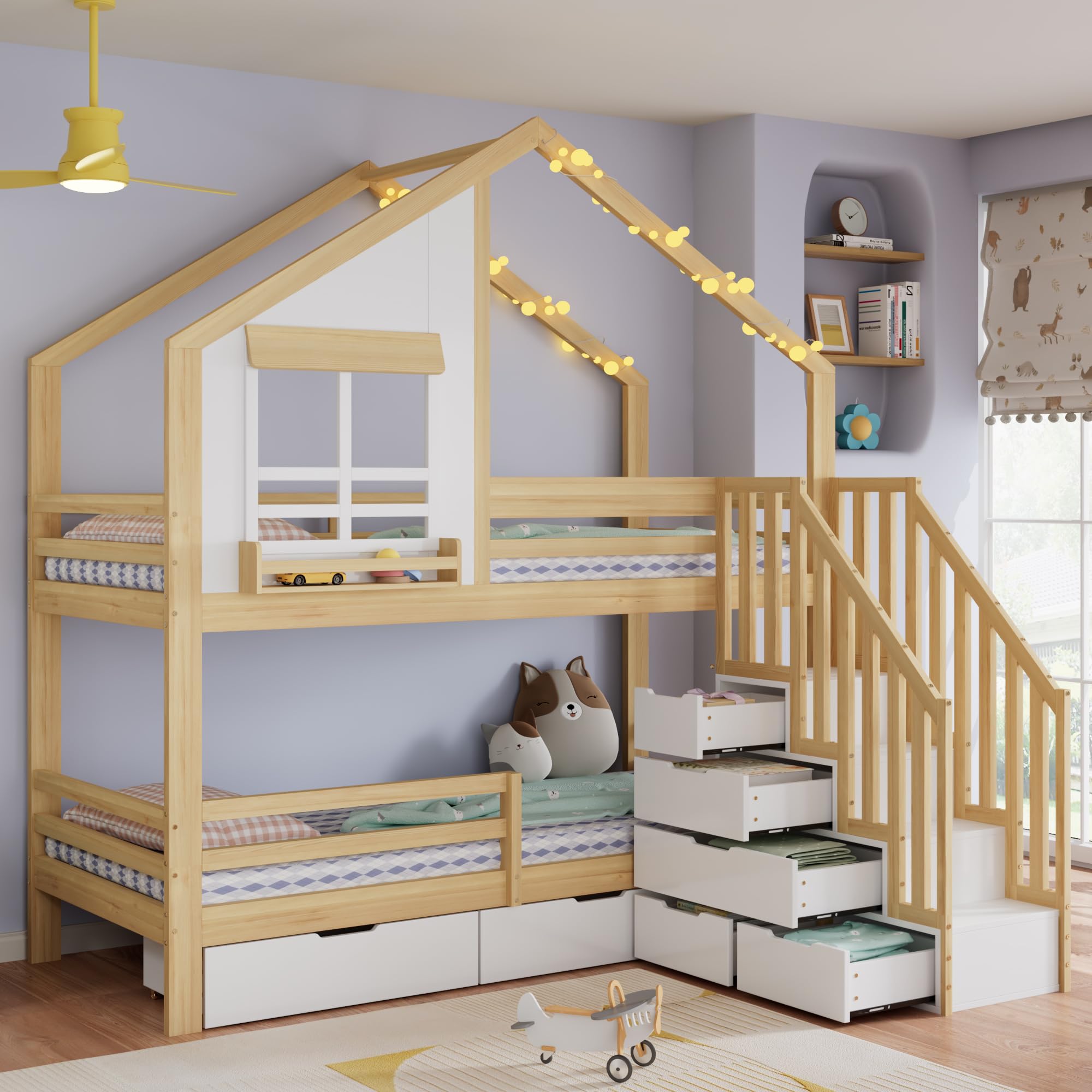 Etagenbett Kinderbett 90x200 cm, Hochbett mit Stauraum Treppe & Mehrere Schubladen, Holzbett Jugendbett mit Fenster, Handläufen Sicherheitsleiter & Rausfallschutz, Weiß+Natur, ohne Matratze