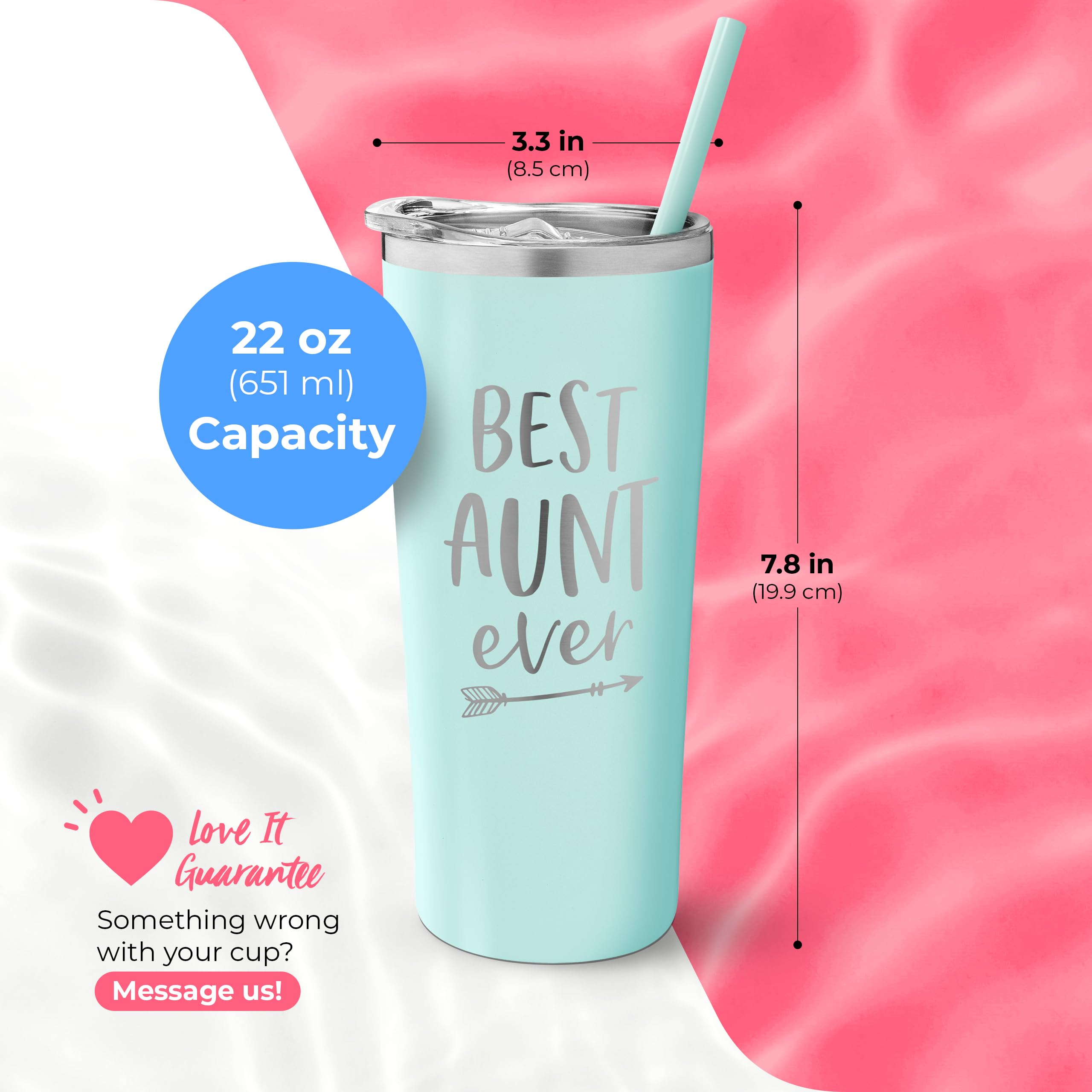 Best Aunt Ever Vaso personalizado de acero inoxidable, taza aislada con bonito diseño, tapa de cierre deslizante con pajita, día de San Valentín, regalo para la mejor tía