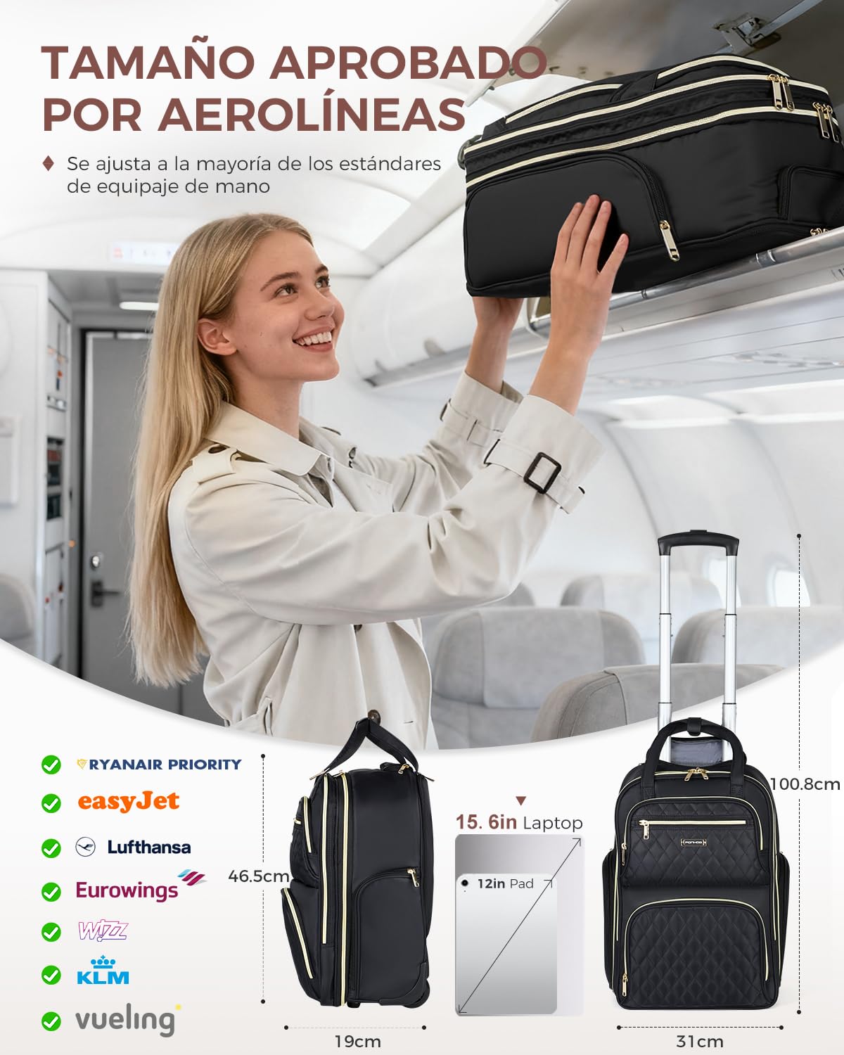 Ponhog Mochila con Ruedas Adulto, Mochilas de Viaje con Ruedas para Portatil 15.6/16/17.3 Pulgadas para Trabajo Universidad Negocio Uso Diario