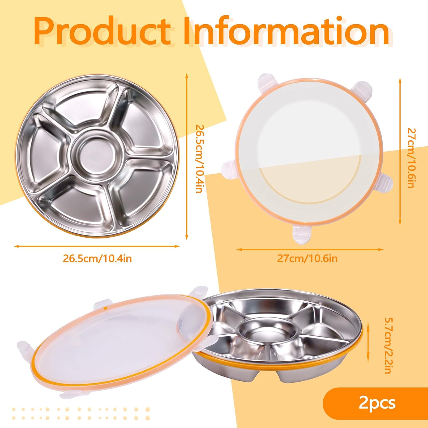 ASTIMESA Divided Serving Tray with Lid 6 Compartments, 10.4 Inch Round Vegetable Veggie Tray, Reusable Snack Box Container Fruit Platter Tray for Parties Fridge Food Storage Picnic (2 pcs)