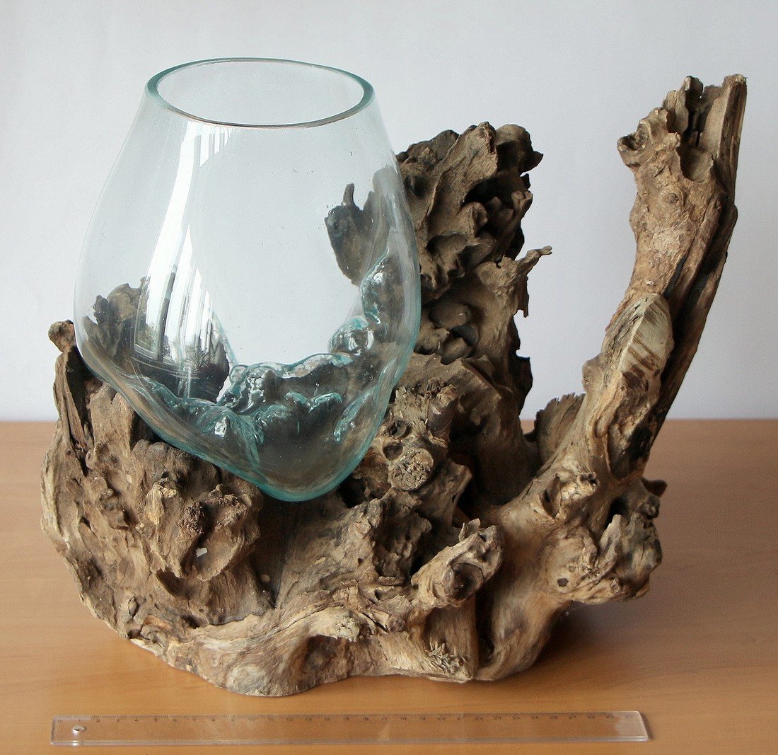 Geschenk Deko Gamal Wurzelholz B-Ware Glasvase Ø Glas 17-19 cm Wurzel Holz Teakholz Vase Glas L