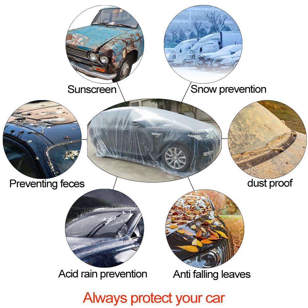 4 Packs Disposable Car Cover Clear Plastic Car Cover Universal Rain Dust Garage Cover with Elastic Band Medium — view 5