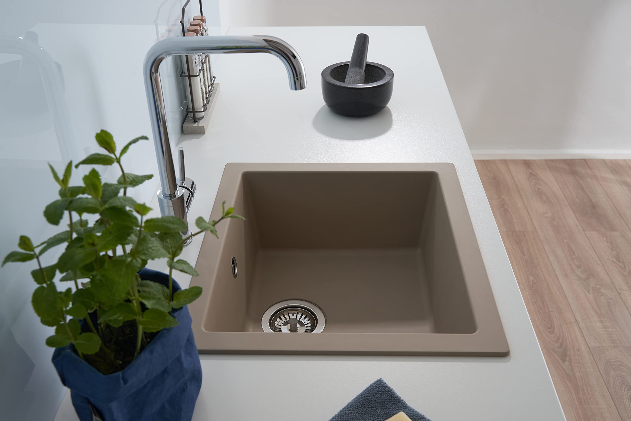 Respekta Ohio Lavello in Mineralite beige sabbia/Lavello da incasso a 1 vasca da 50 x 44 cm/Lavello adatto a basi da 50 cm di larghezza