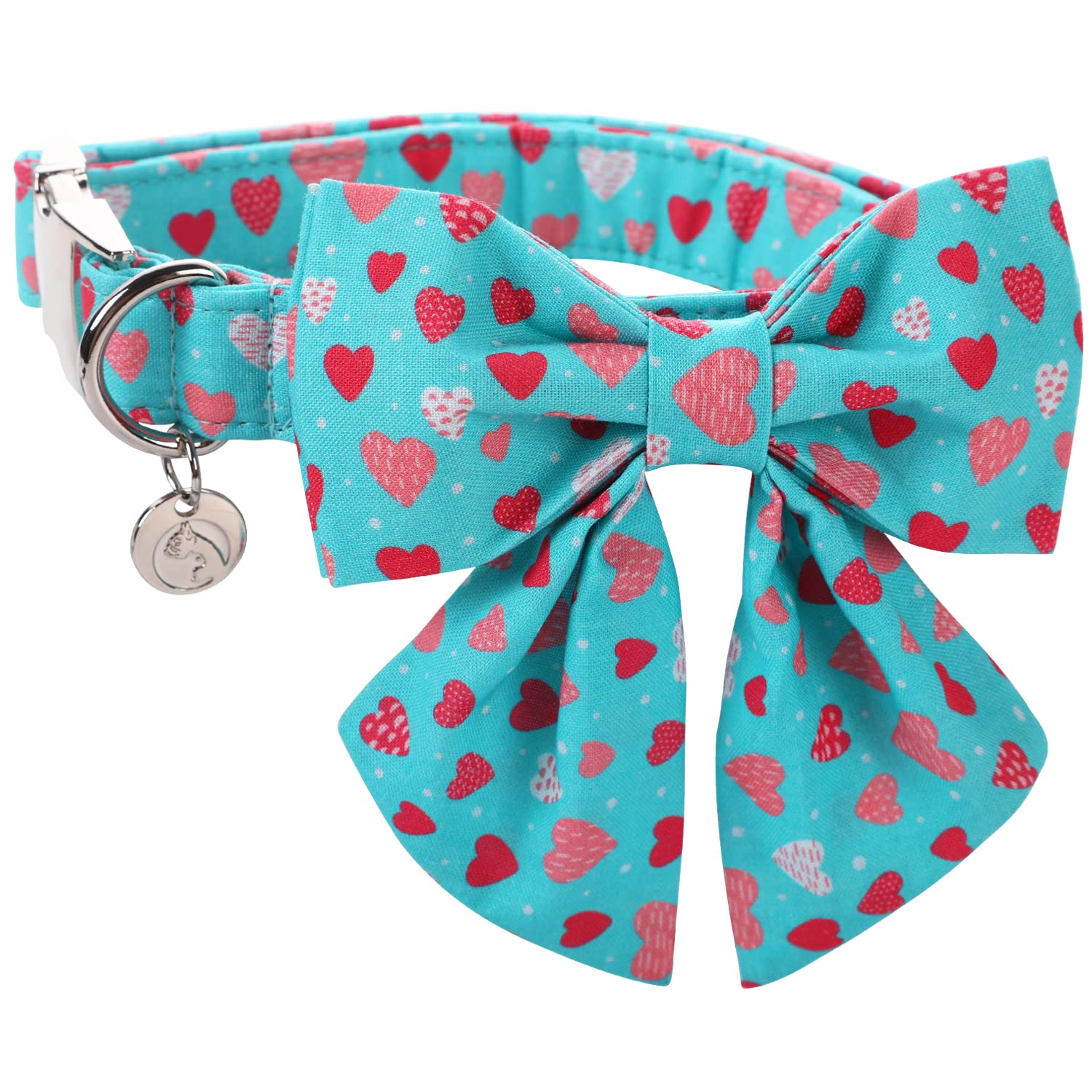 DOGWONGValentine's Day Dog Collar with Sailor Bowtie - Blue Heart Adjustable Cotton Heart Dog Collar - Perfect Dog Collar for Small Medium Large Dogs