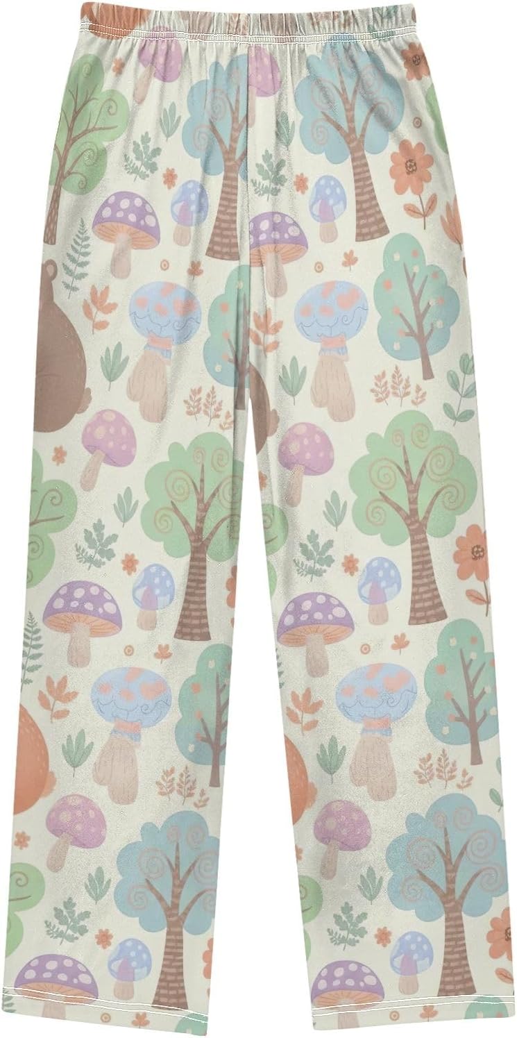 Cute Animal Mushroom Beige Pajama Pants, Soft Comfy Lounge Sleepwear with Elastic Waist and Pockets
