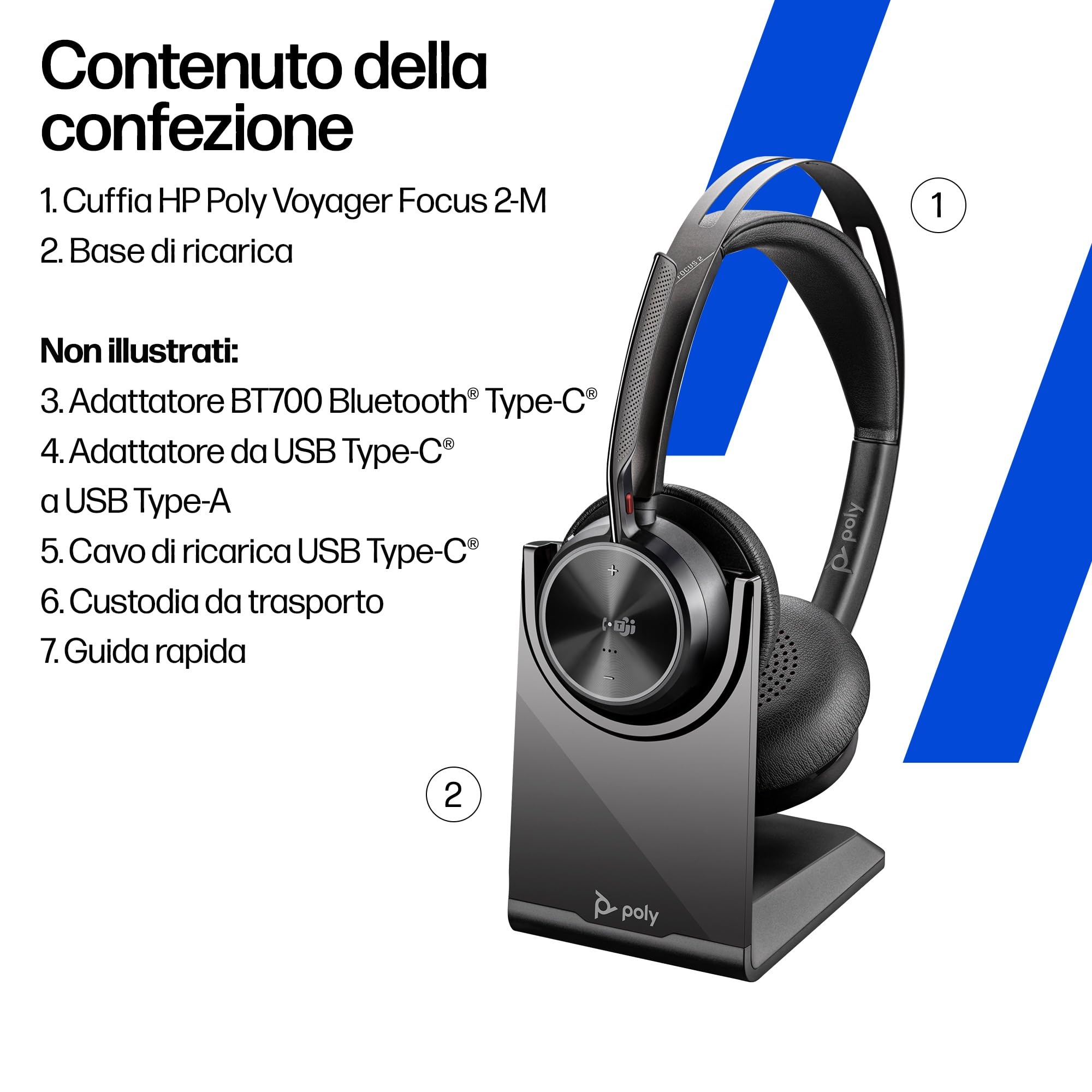 Poly Voyager Focus 2-M USB-C-C Headset con adattatore USB-C/A e supporto di ricarica A4HT5AA con cancellazione attiva del rumore e tecnologia Acoustic Fence