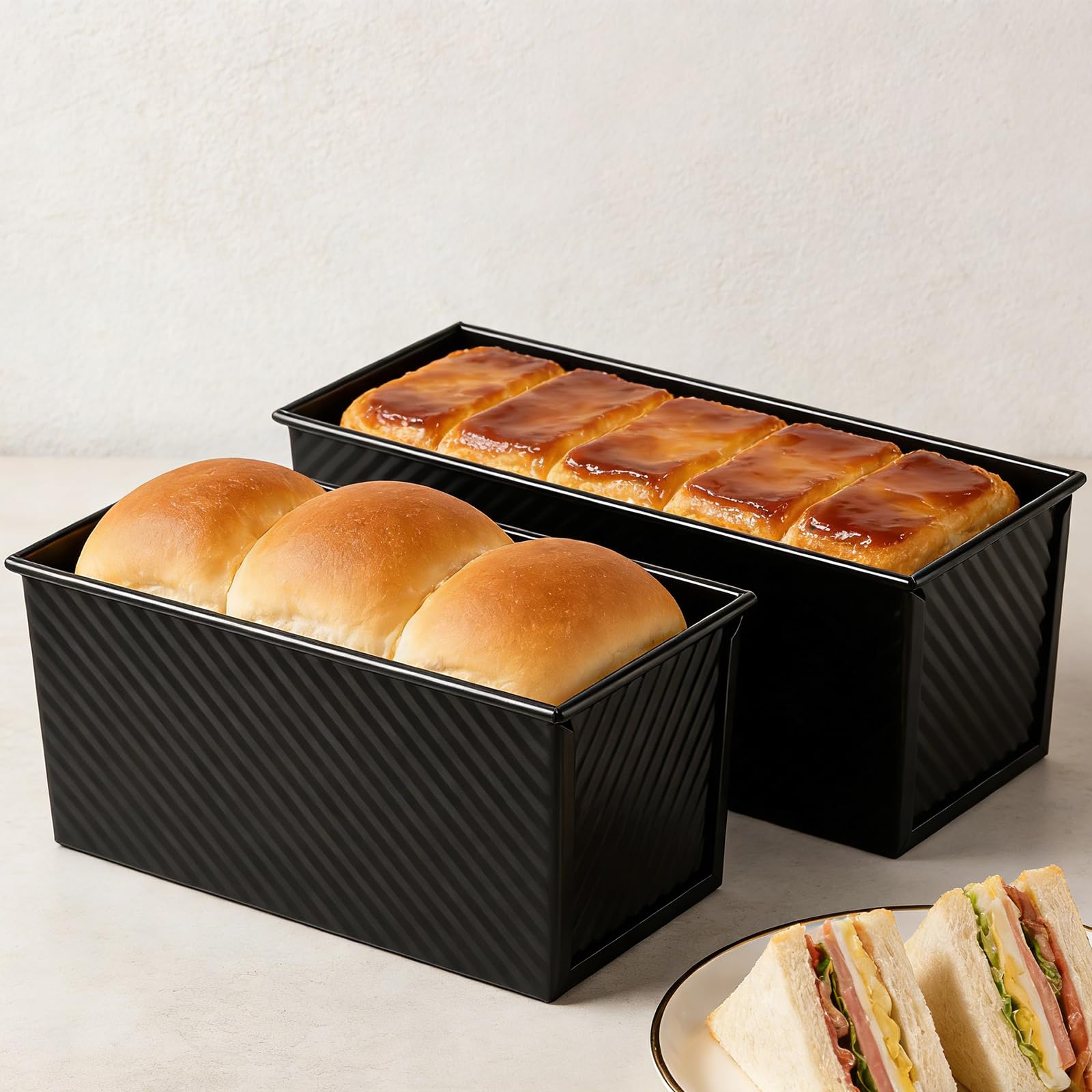 Stampo per il pane con coperchio, 2 pezzi, 1000 g e 450 g, con coperchio in acciaio al carbonio, rivestimento antiaderente, con fori di ventilazione, per toast e pane, colore nero