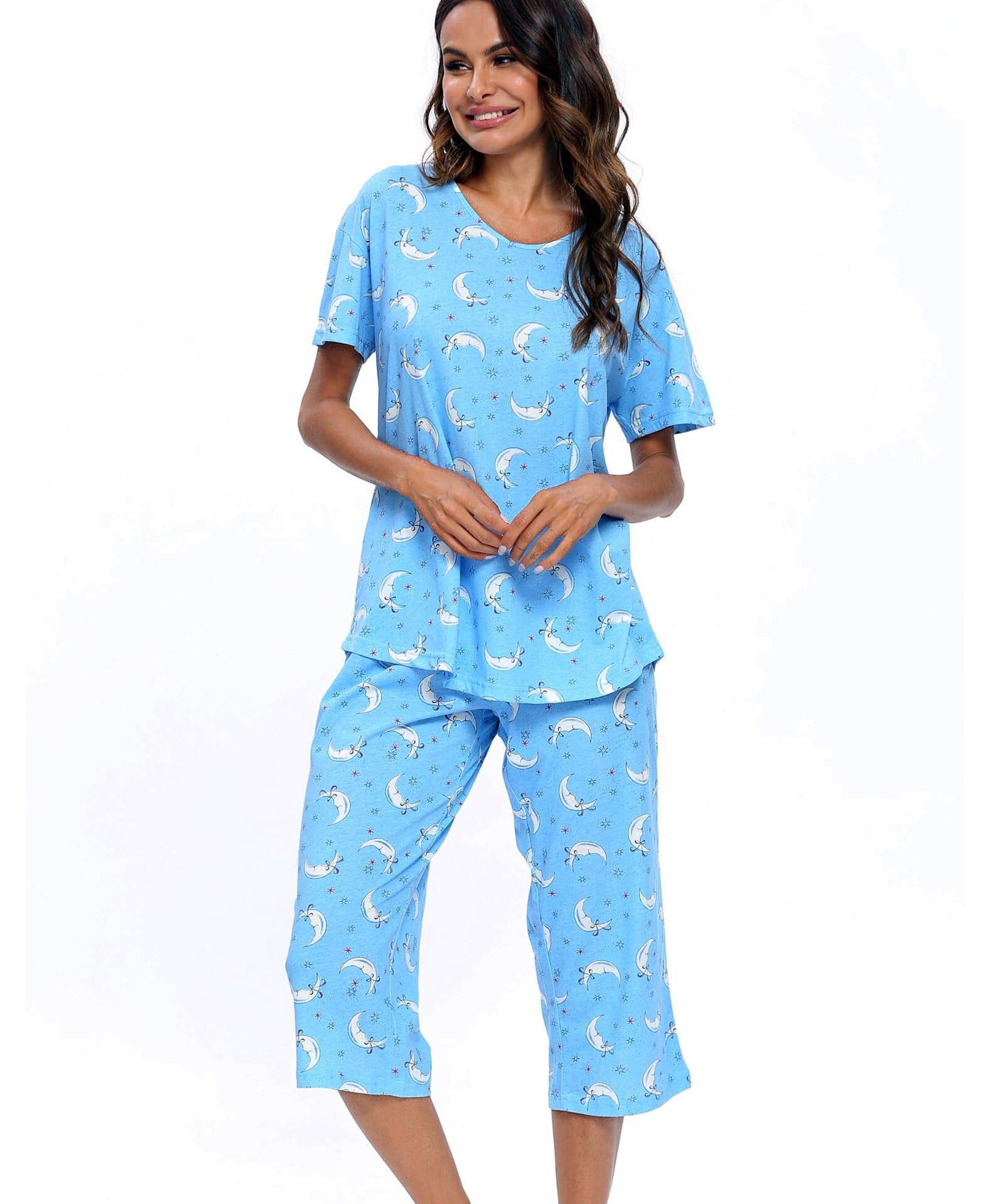 Schlafanzug Damen Zweiteiliger Pyjama Sommer Nachtwäsche Kurz Baumwolle Hausanzug Capri Sleepwear Oberteil und 3/4 Hose S-XXL