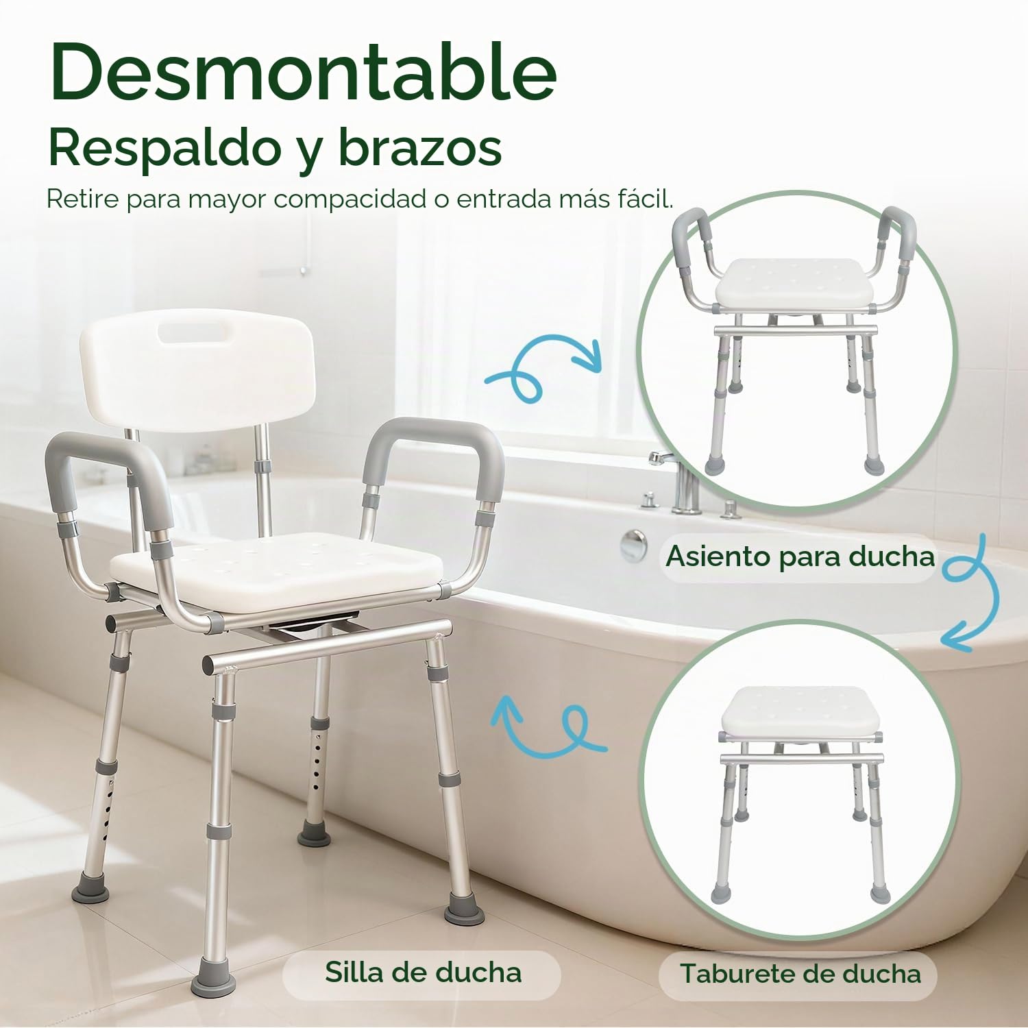 Agrish Silla de Ducha Giratoria 360° con Respaldo y Brazos Extraíbles | Altura regulable, base antideslizante y capacidad de 204 kg; ideal para mayores y personas con movilidad reducida