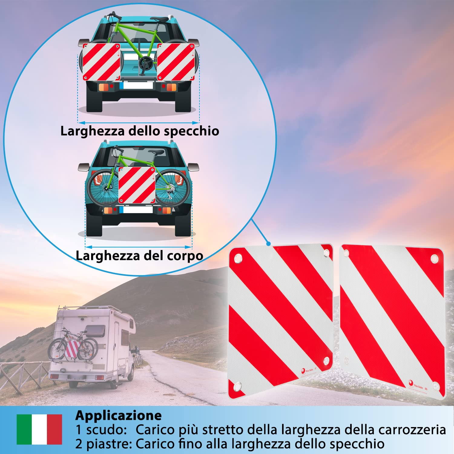valonic cartello carichi sporgenti - 3in1 per Italia, Spagna e Portogallo - 50x50cm, riflettente, per camper, caravan, portabiciclette, portapacchi posteriore