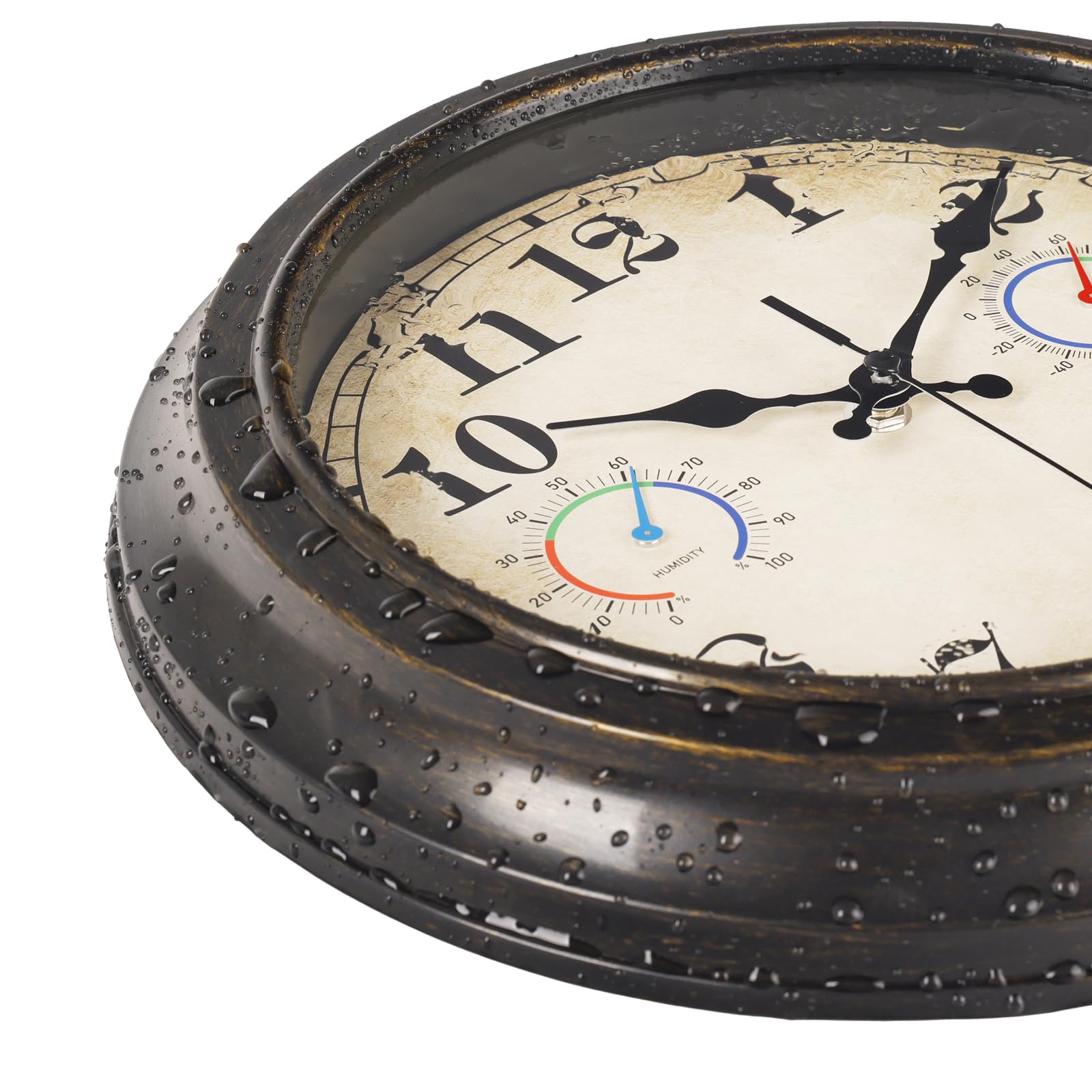 Horloge d'extérieur de 30,5 cm avec thermomètre et hygromètre, horloges murales étanches pour intérieur et extérieur pour terrasse, piscine, décoration de jardin - Bronze rétro