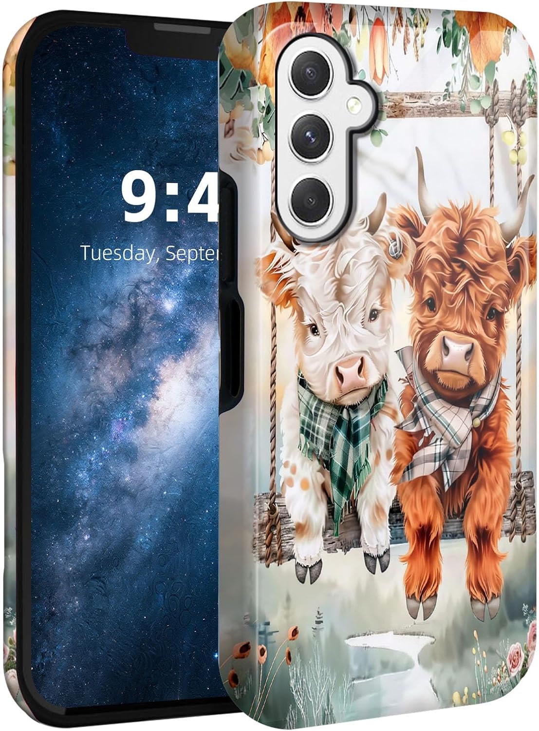 for Samsung Galaxy A15 Phone Case, Dual Layer Hard Shell Silicone Cover for Galaxy A15, Cute Highland Cows Glossy Shockproof Phone Case, Compatible with Wireless Charging