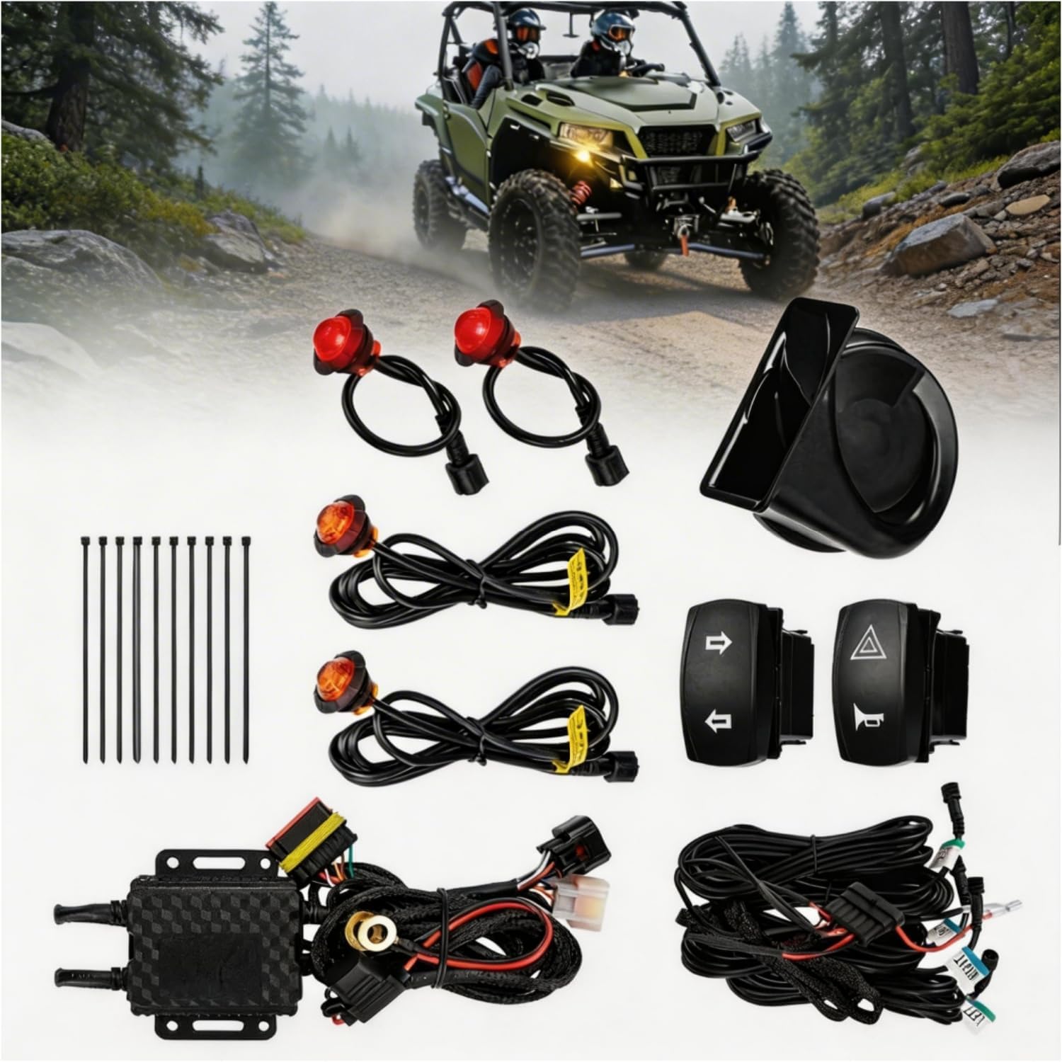 UTV Turn Signal Kit with Horn, Plug and Play, Pre-Wired, UTV ATV Blinker with Rocker Switch Universal Street Legal Kit with Hazard light Compatible with Polaris, Can-Am, Teryx, CFMOTO