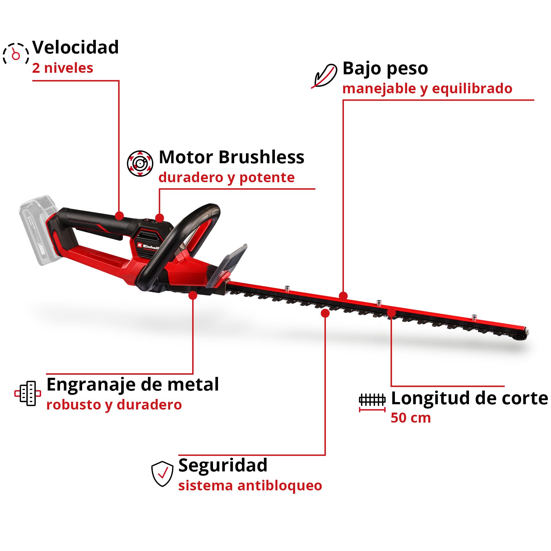 Einhell Professional Cortasetos con batería GP-CH 18/50 Li BL-Solo | PXC | 18 V | 50 cm de longitud de corte | 20 mm de distancia entre dientes | Brushless | Sistema antibloqueo | Sin batería