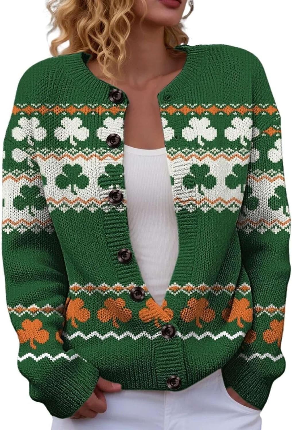 St Patricks Day Cardigan Women Shamrock Irish Crew Neck Ribbed Knit Open Front Sweater Lucky Clover Long Sleeve Tops