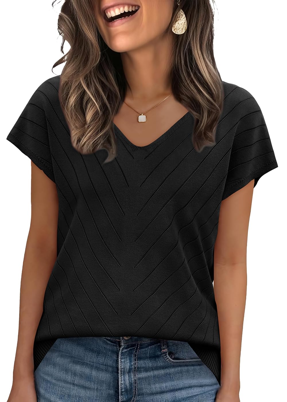 WIHOLL Short Sleeve Sweater for Women V Neck Trendy Summer Tops 2026 Beach Vacation Clothes Travel Business Casual Outfits