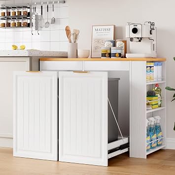 Double Pull Out Trash Can Cabinet 2x13 Gallon, Side Storage Rack, White | Pet Proof, Freestanding Kitchen Cabinet, Garbage Recycling, Laundry Hamper, Modern Farmhouse Waste Bin Furniture