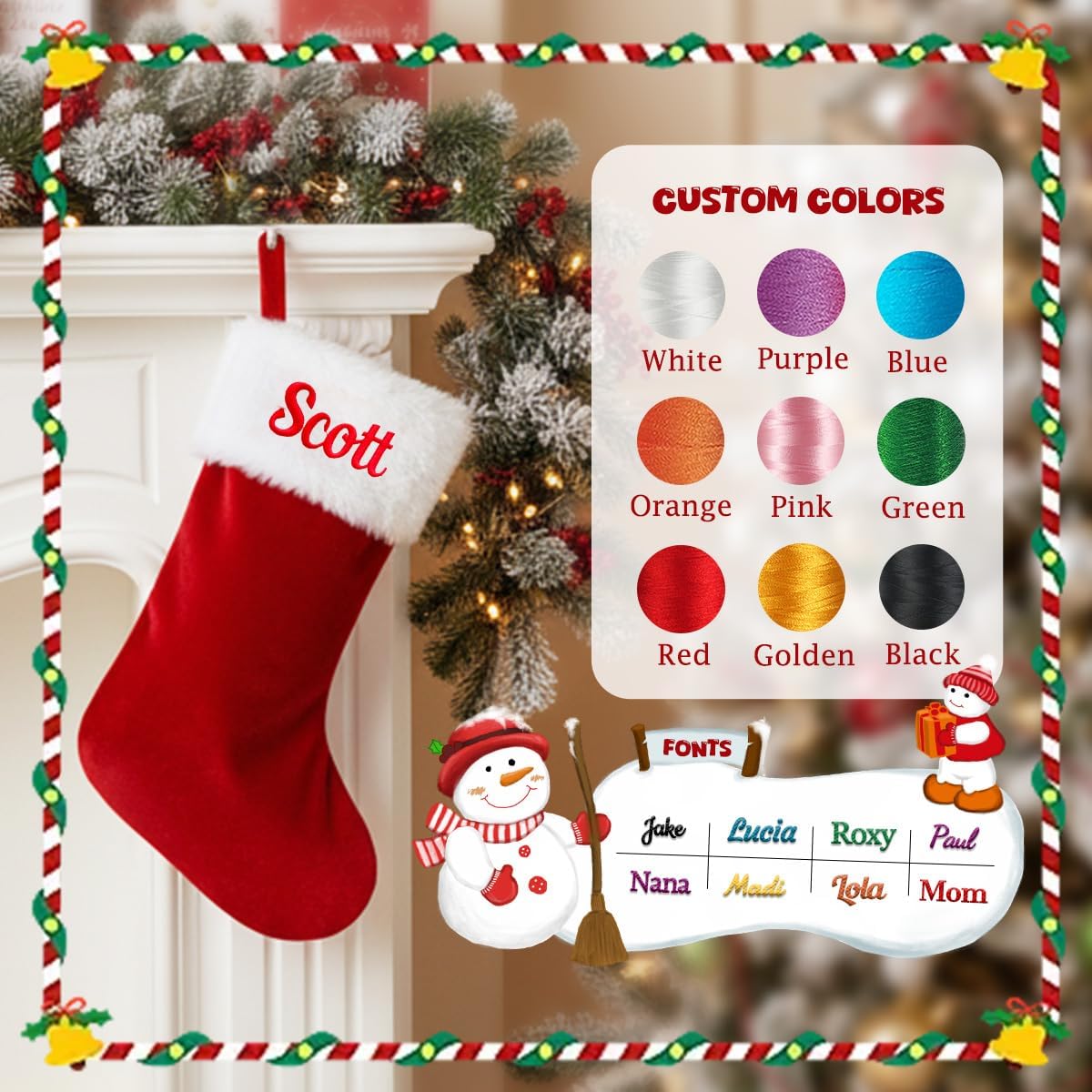 Ulico Personalized Christmas Stocking，Custom Name Family Stockings, 20” Large Red Velvet with White Soft Plush Cuff Xmas Stocking for Kids,Holiday Stocking for Fireplace Party Decoration(5 Pcs)