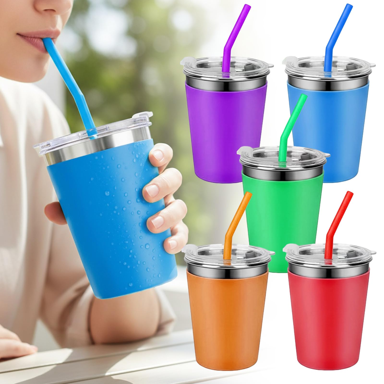 Gobelets en acier inoxydable BORDEAG avec pailles : lot de 5 tasses en métal incassables 350ml