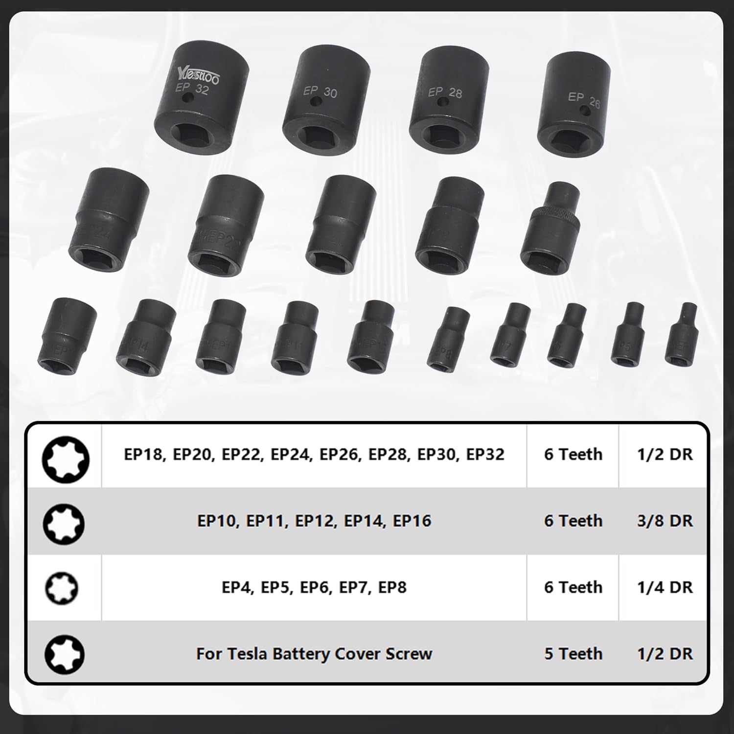 Torx Plus Socket Set, External Torx Plus 6 Point EP Socket EP4 - EP32 19Pcs With 1/2'' 3/8'' 1/4'' Dr, Replacement for E-TORX Socket Set, Works with Most Cars and Tesla