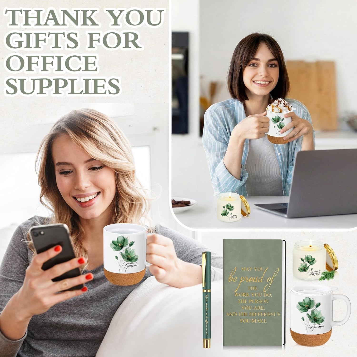 Sayglossy 4 Pcs Thank You Gifts Set for Women Teacher Nurse Employee Appreciation Notebook Green Flowers Inspirational Coffee Mug Scented Candle Ballpoint Pen for Coworker Volunteer Secretary