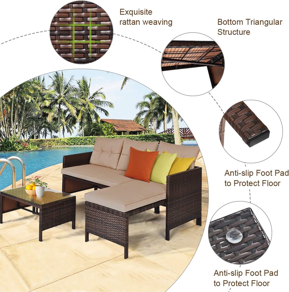 DORTALA Wicker Patio Furniture Set Couch 3 Piece, L-Shaped PE Rattan Outdoor Sectional Sofa Conversation Set with Loveseat, Lounge and Tempered Glass Coffee Table for Garden Lawn Deck, Brown