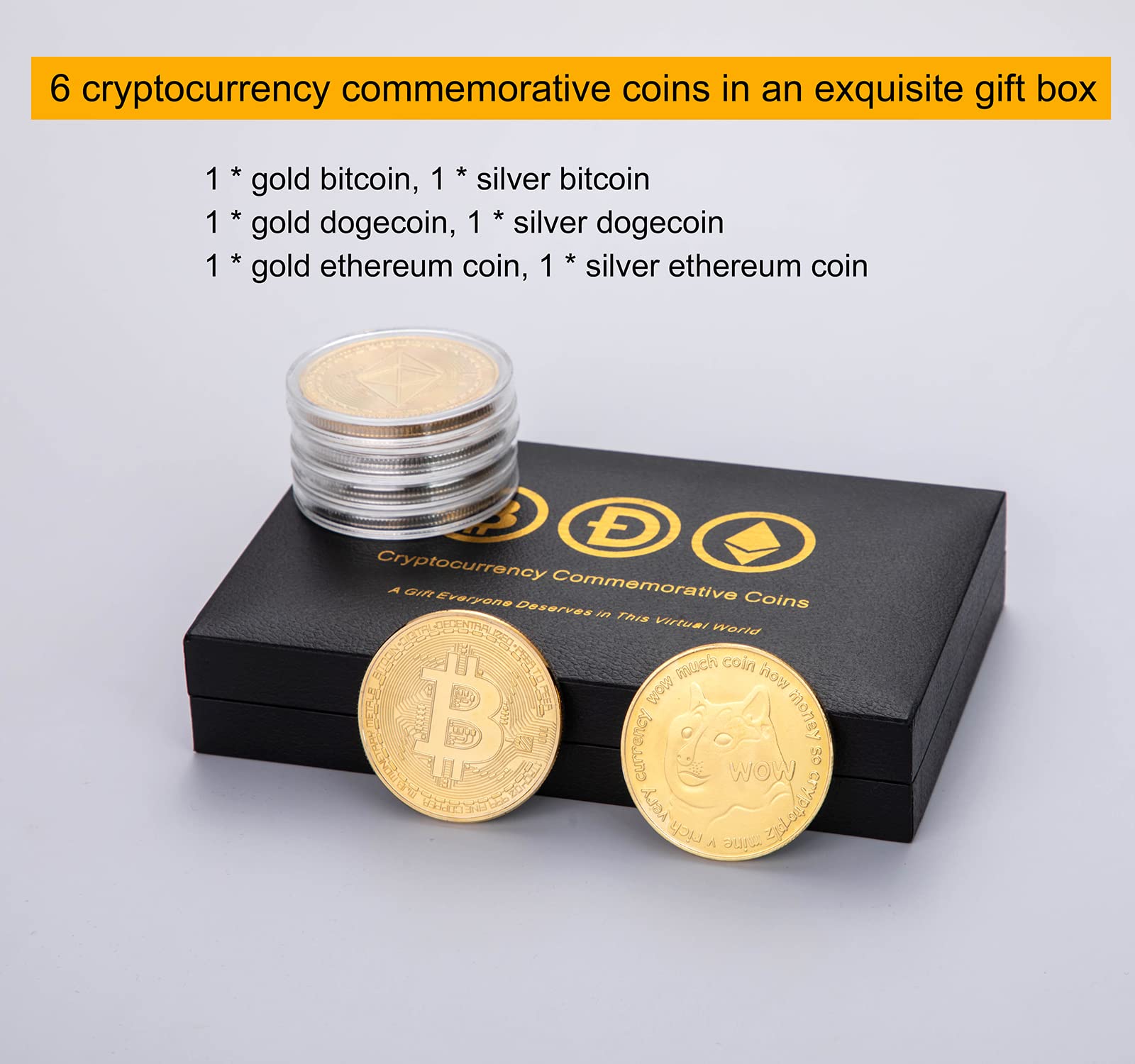 Amazon.com: Moneda conmemorativa Bitcoin Dogecoin Ethereum de 6 piezas,  colección de monedas coleccionables Bit Doge, cadena de bloques física de  criptomonedas, chapado en oro y plata, BTC EHT, regalos de cumpleaños de