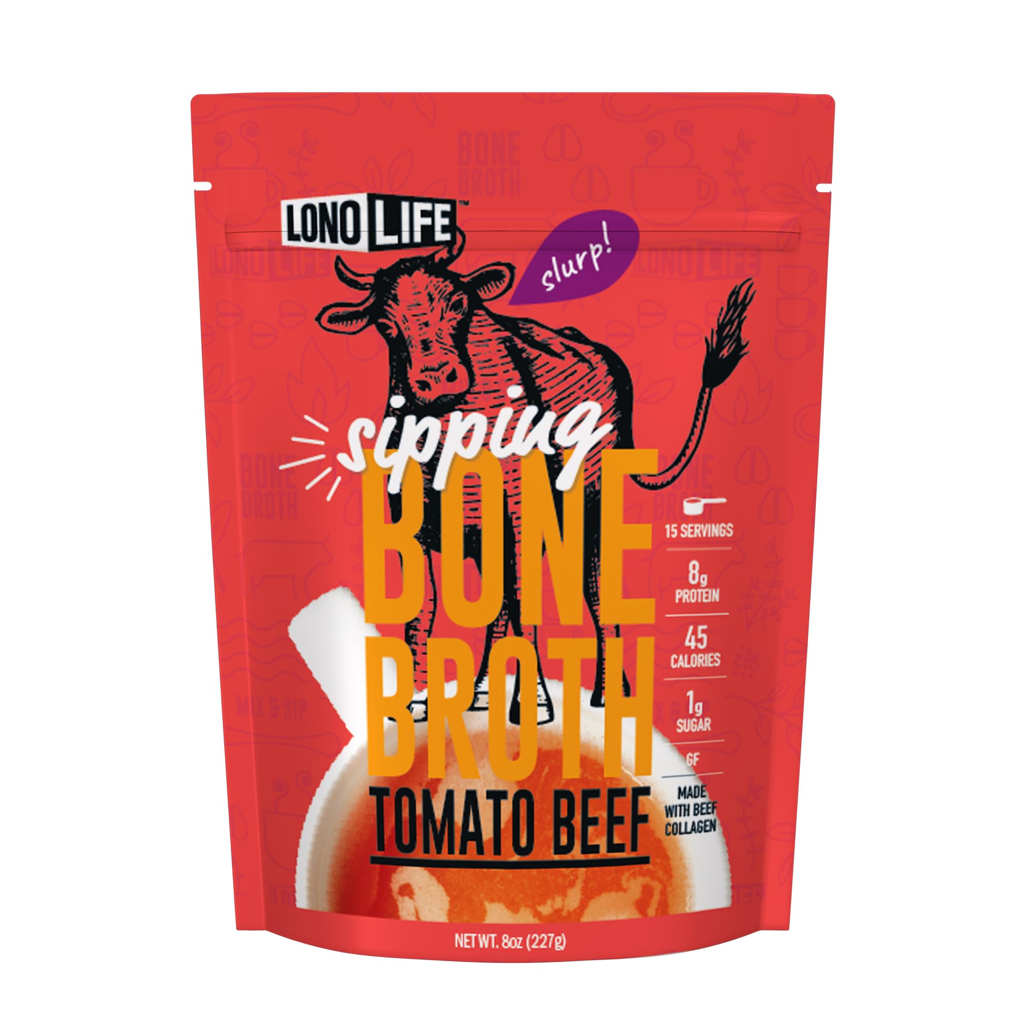 LonoLife Tomato Beef Bone Broth Powder Mix | Grass-Fed, 10g Protein | Collagen-Rich, Keto & Paleo Friendly | Natural Ingredients | 8oz Bulk Container (15 Servings)