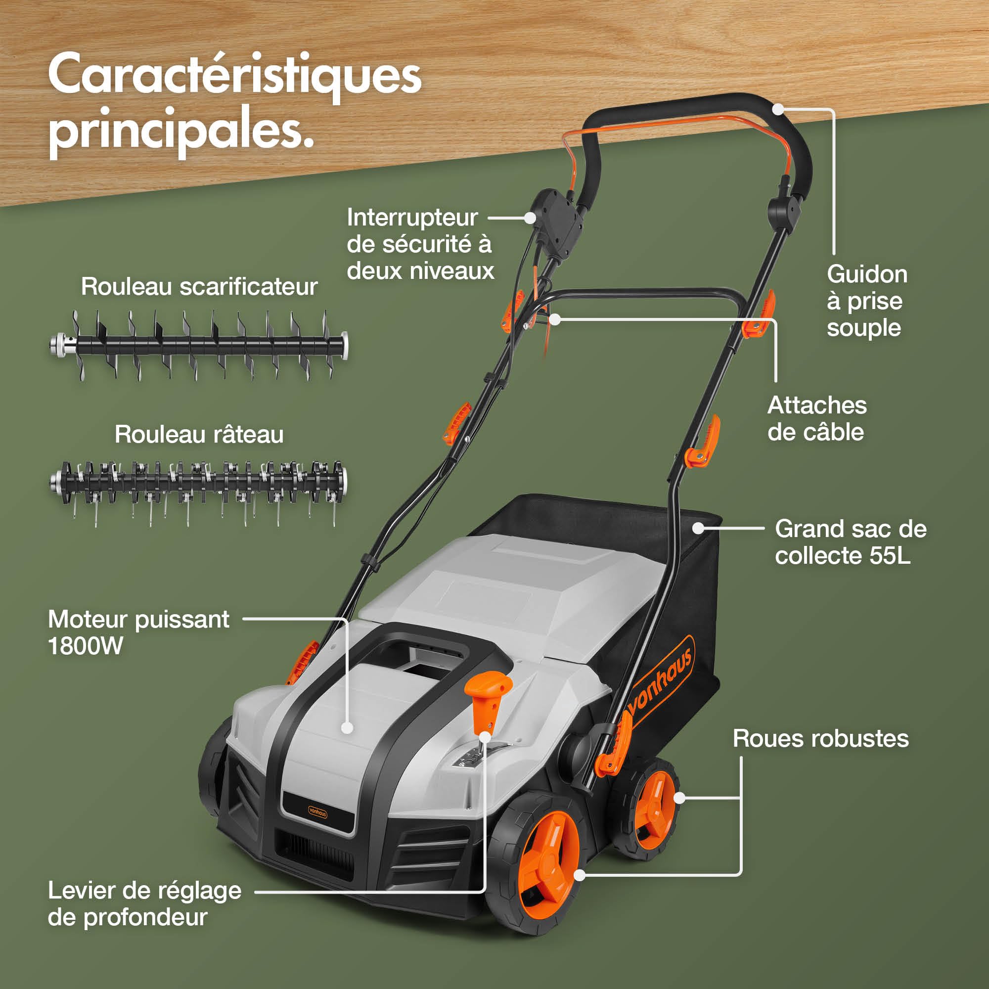 VonHaus Scarificateur/Aérateur/Râteau Électrique 1800W – Pour Scarification Et Râtelage Du Gazon, Élimine Feutre, Mousse Et Feuilles, Aère Le Sol, Bac De Ramassage 55L, 5 Hauteurs, Largeur 38cm