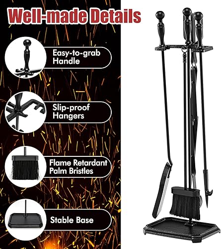 Miniatura 5 de Goplus Juego de herramientas para chimenea de 5 piezas, herramientas de chimenea de acero resistente con poco, pala, cepillo de palma resistente al