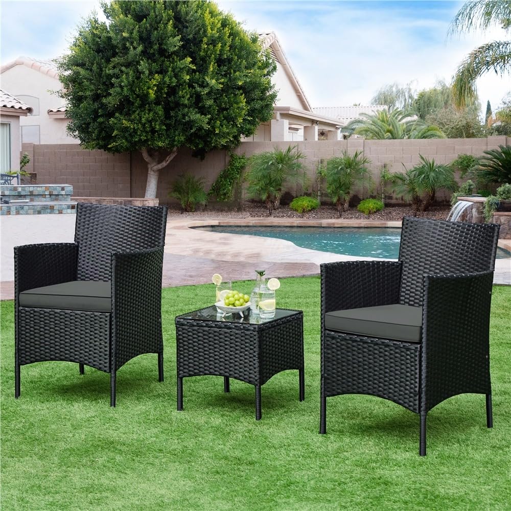 Yaheetech Salon de Jardin Exterieur Ensemble Mobilier de Jardin 2 Personnes Fauteuils et Table Basse Plateau Verre 2 Coussins Tressée pour Balcon Noir/Girs