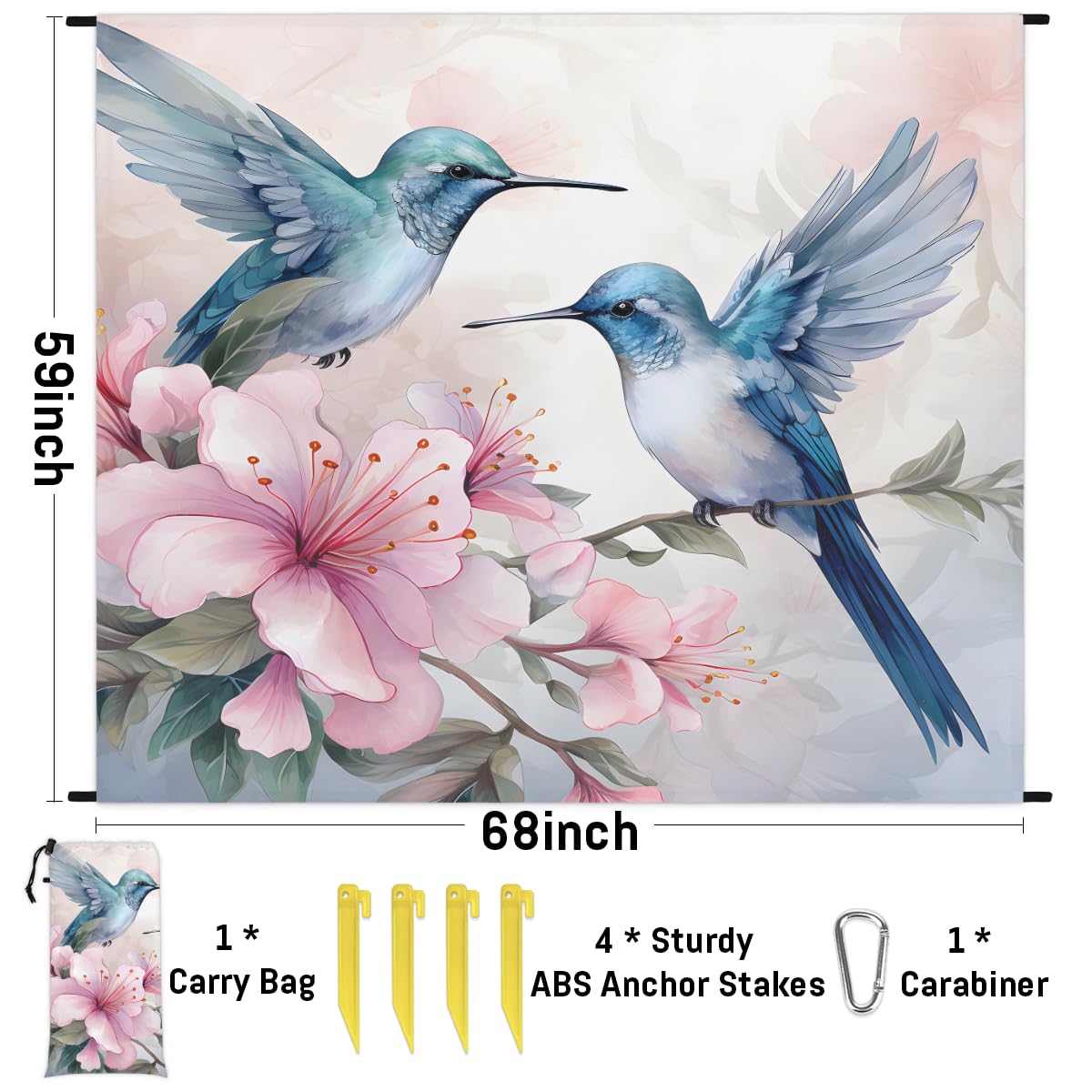 Eabrults Waterproof Sandproof Beach Blanket, 59''×68'' Magpie Polyester Outdoor Picnic Blanket with 4 Stakes & Storage Bag for Beach,Camping,Vacation Azalea