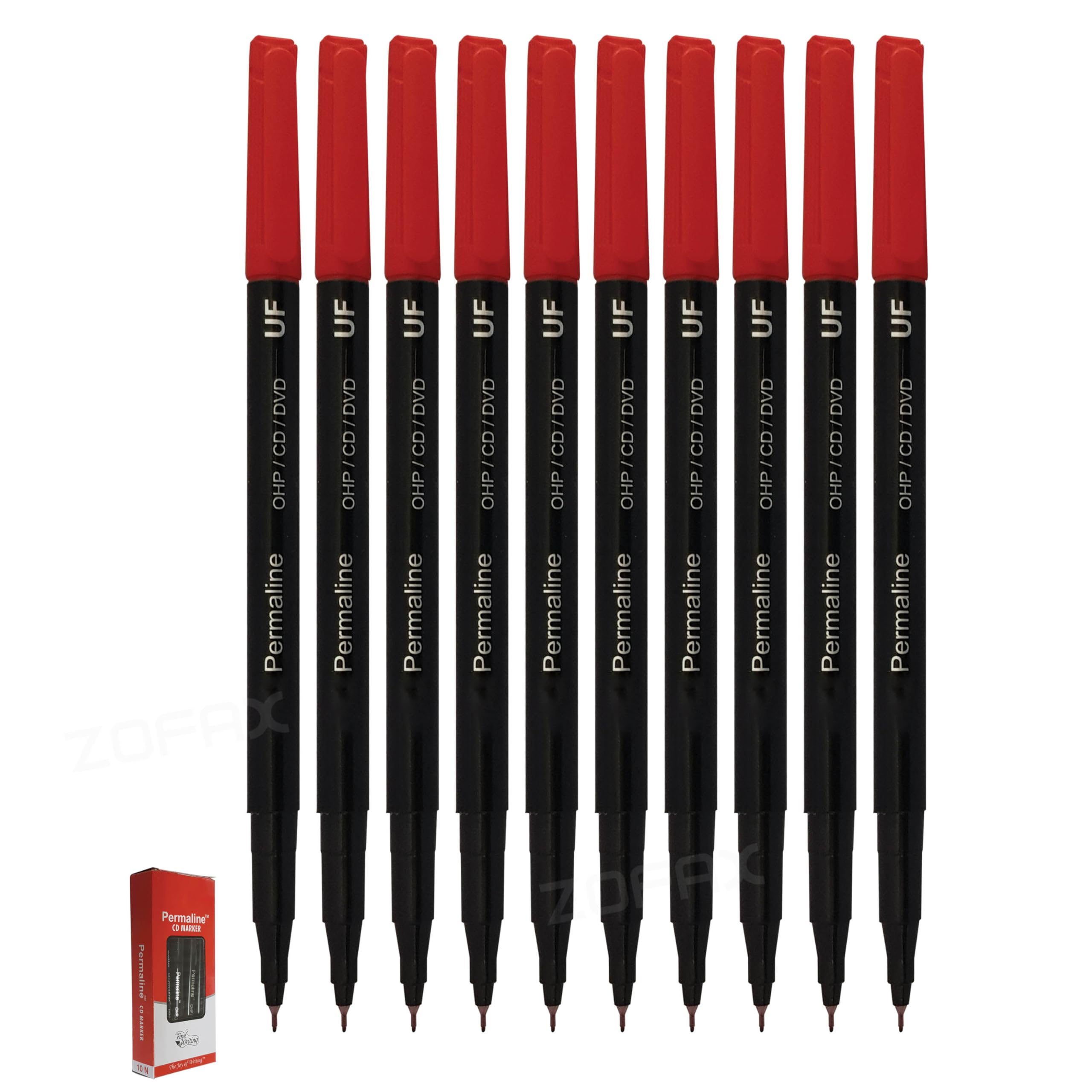 SCHOOL-MATE PERMANENT Fineline Marker Pens, RED, Ultra Fine Tip, Pack of 10, CPM10RED, Smooth Surface Marker Pens, Waterproof Ink, ZOFAX Black Ball Pen