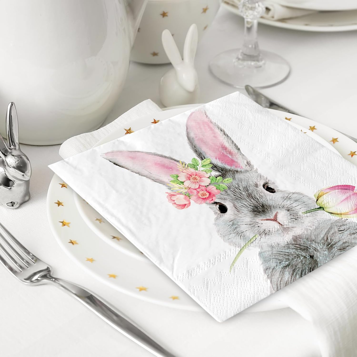 80 Pack Easter Paper Napkins Watercolor Bunny Tulip Disposable Napkins Spring Floral Rabbit Luncheon Napkin for Birthday Wedding Party Supplies Table Decor image 5