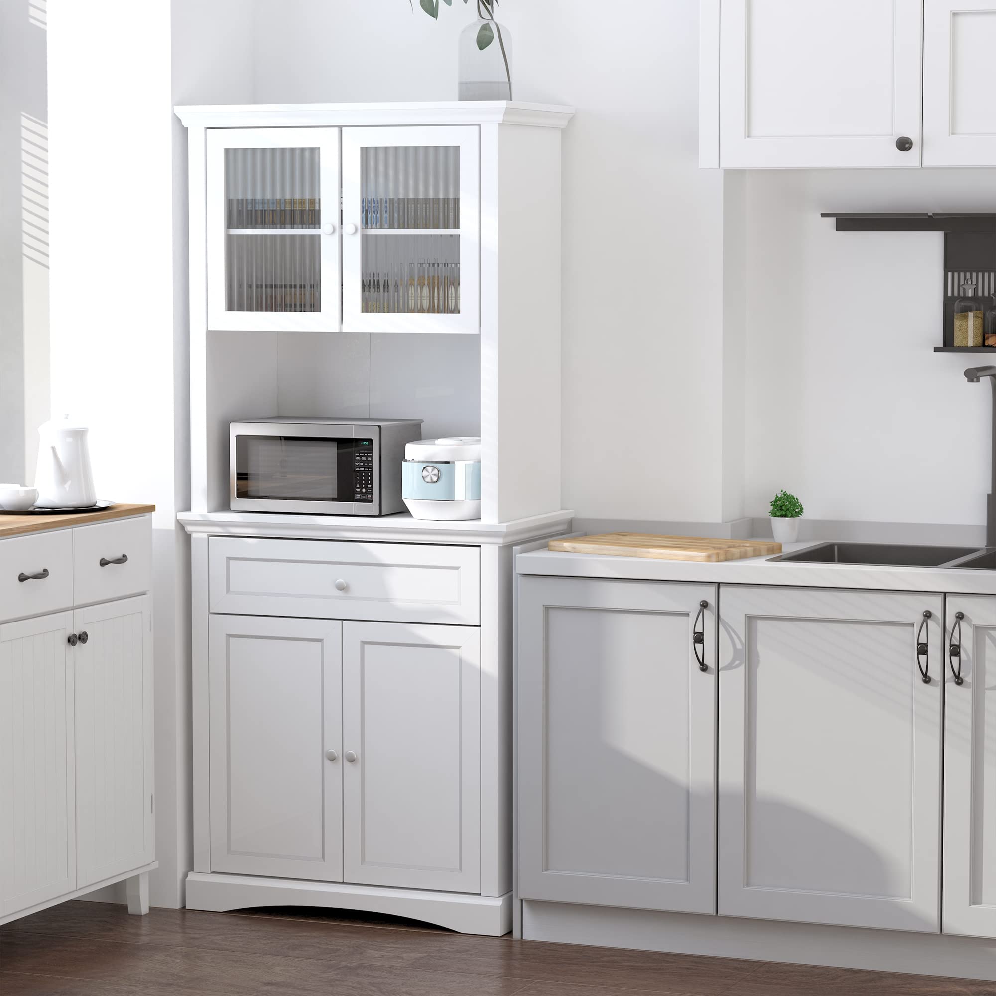 71" Traditional Freestanding Kitchen Buffet with Hutch, Pantry