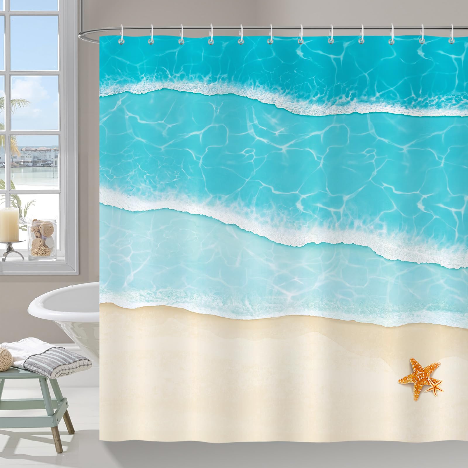 COZZSNUGE Beach Shower Curtain, Blue Ocean Waves Starfish Summer Coastal Shower Curtain for Bathroom Waterproof Polyester Fabirc with 12 Hooks, 72 x