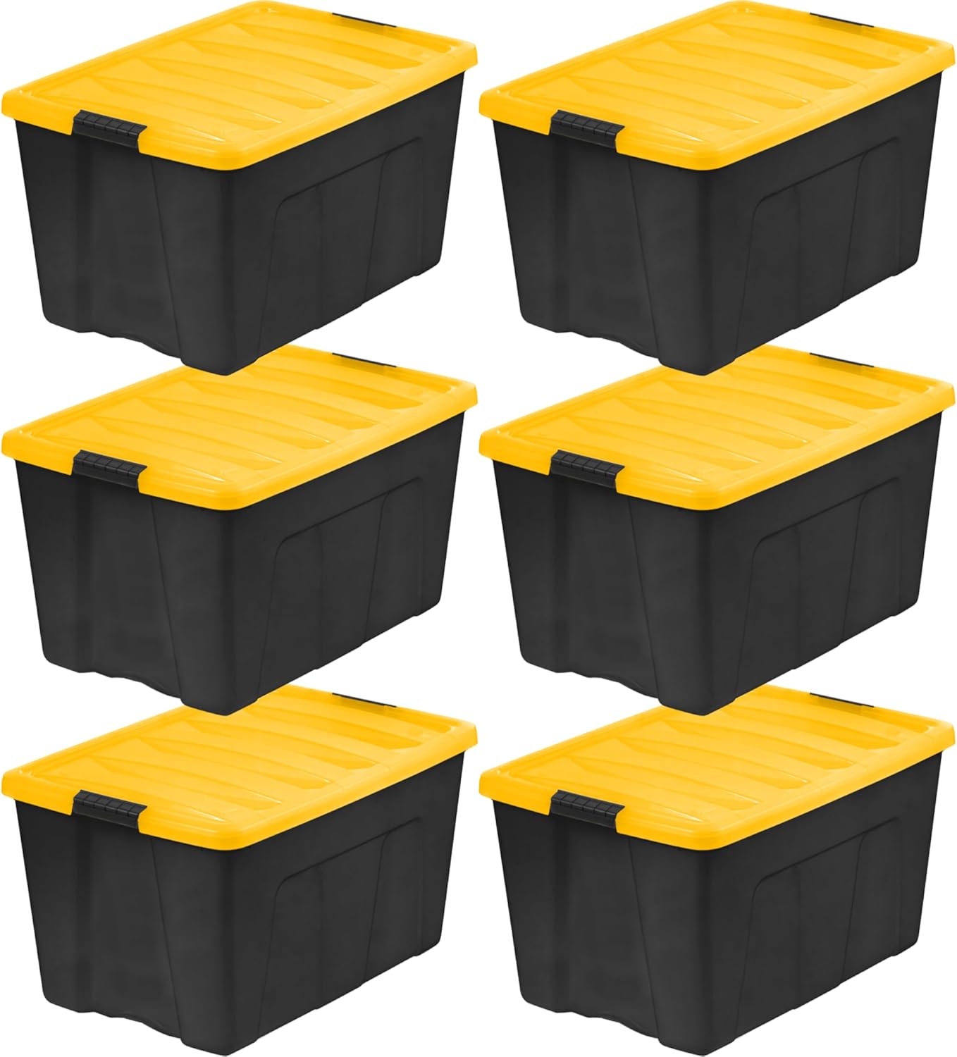 IRIS USA 72 Qt Stackable Plastic Storage Bins with Lids, 6 Pack - BPA-Free, Made in USA - Garage Organizing Solution, Latches, Durable Nestable Containers, Secure Pull Handle - Black/Yellow 72 Qt 6 Pack