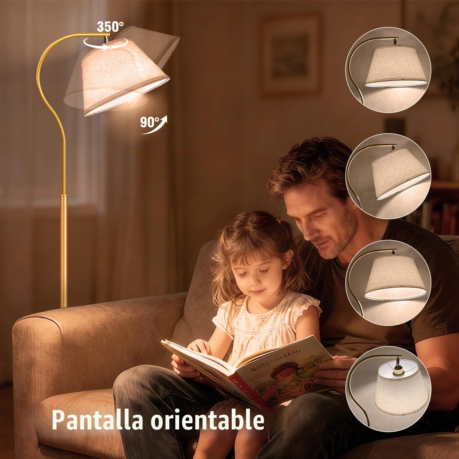 BBHome Lámpara de Pie para Salon, Lámpara de Arco con Pantalla e Interruptor de pie, Lampara pie Moderna con Bombilla LED de 9W, Lampara Salon E27 de 170 cm para salón, dormitorio (Dorado)