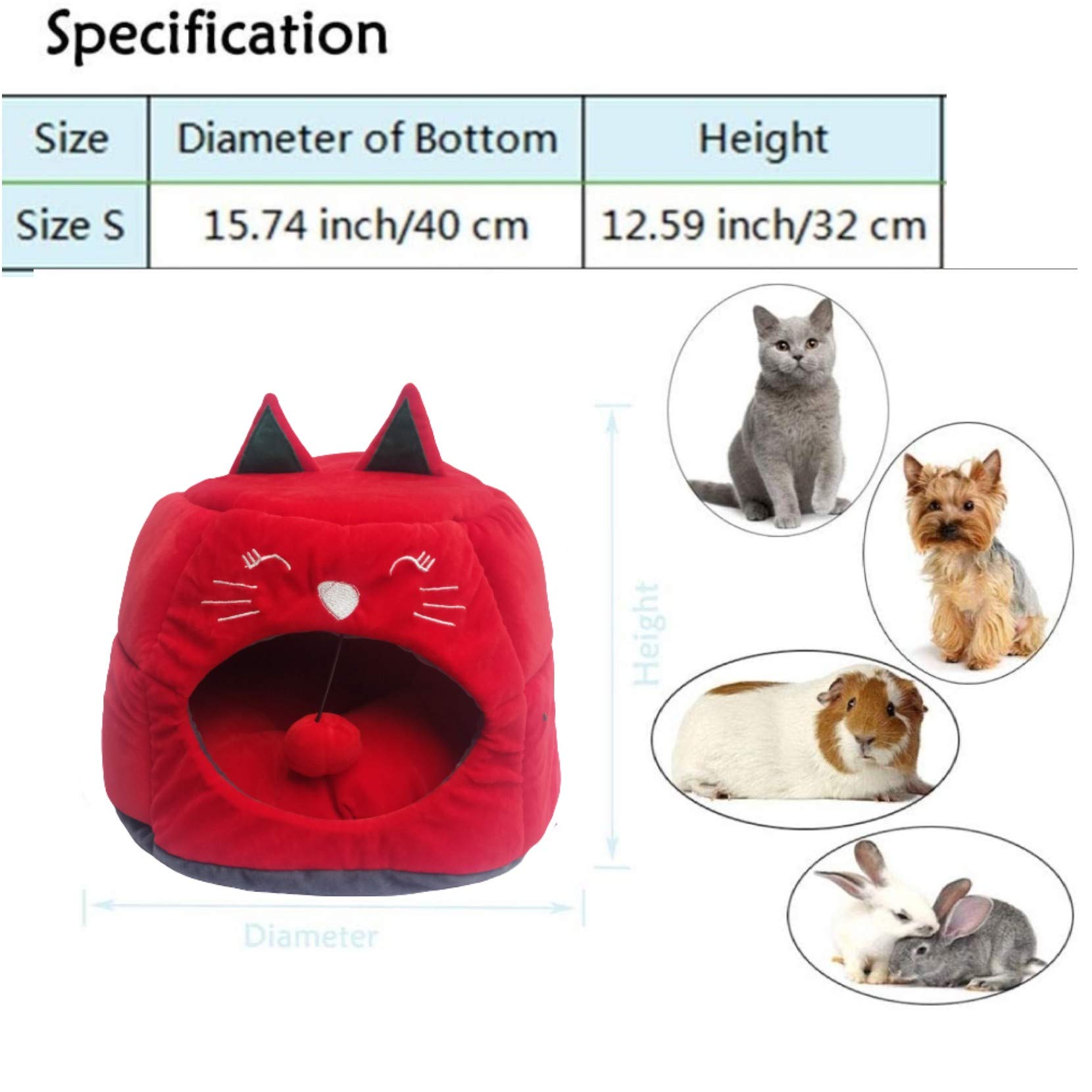 Petlicious & More Small Cat House for Kittens House Soft Warm Rabbit Hut Frustum-Shape Guinea Pig Bed Hideout with Removable Cushion (Color- Red, Pack of One) 2