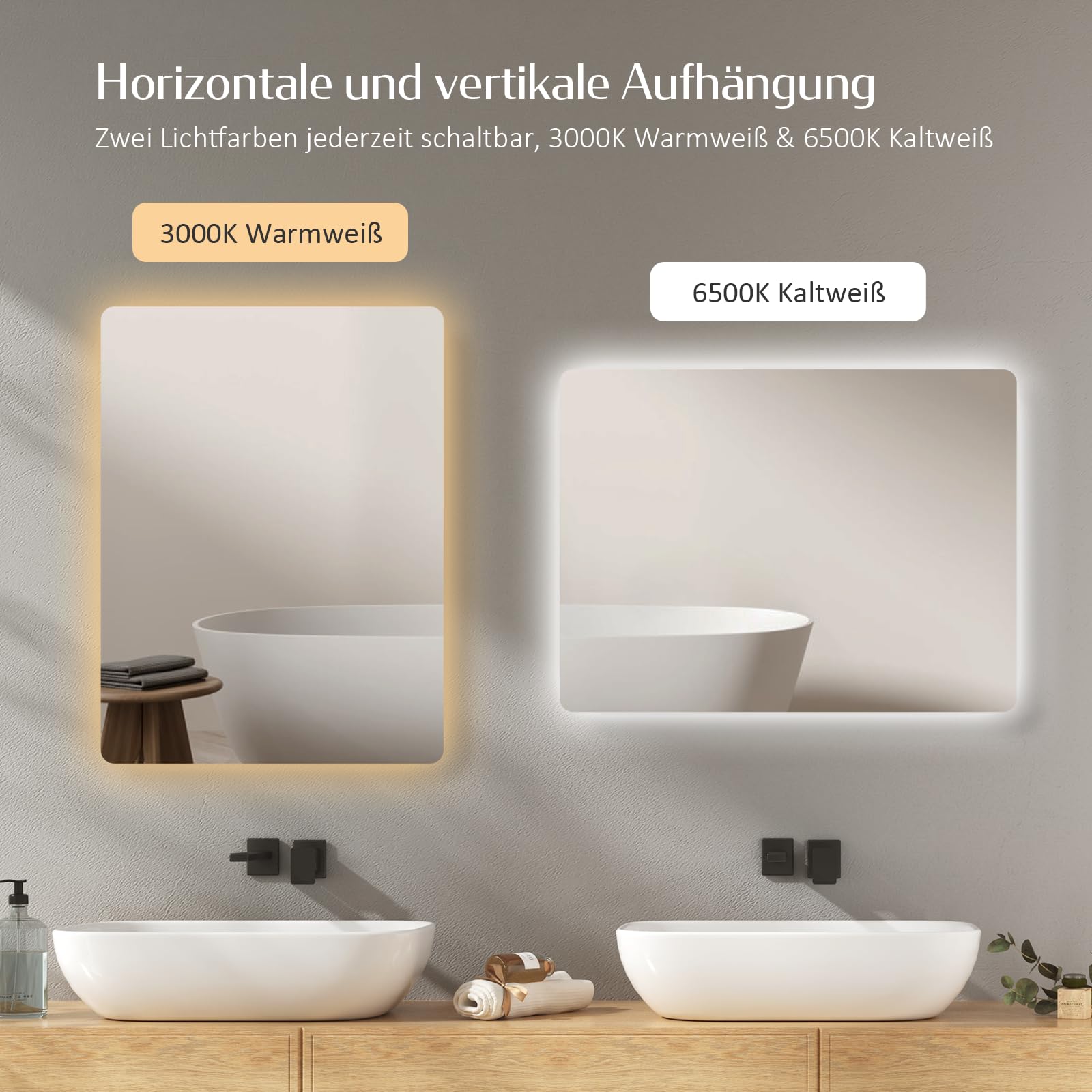 EMKE Badspiegel mit Beleuchtung 40x60cm, Badezimmerspiegel mit Beschlagfrei, 2 Lichtfarbe Warmweiß/Kaltweiß, Kippschalter, IP44 energiesparend Explosionsgeschützte Spiegel