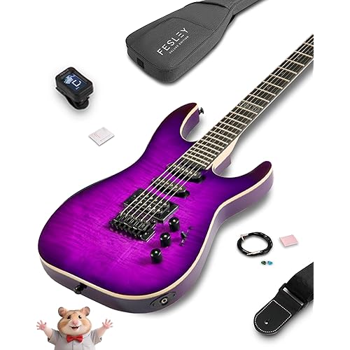 39" Solid Body Electric Guitar: Electric Guitar Kit with Bone Nut, Full Size 6 String Guitars with 24 Frets, Poplar Body AAA Flame Maple Top, Guitarra Electrica with HSS Ceramic Pickup,Purple