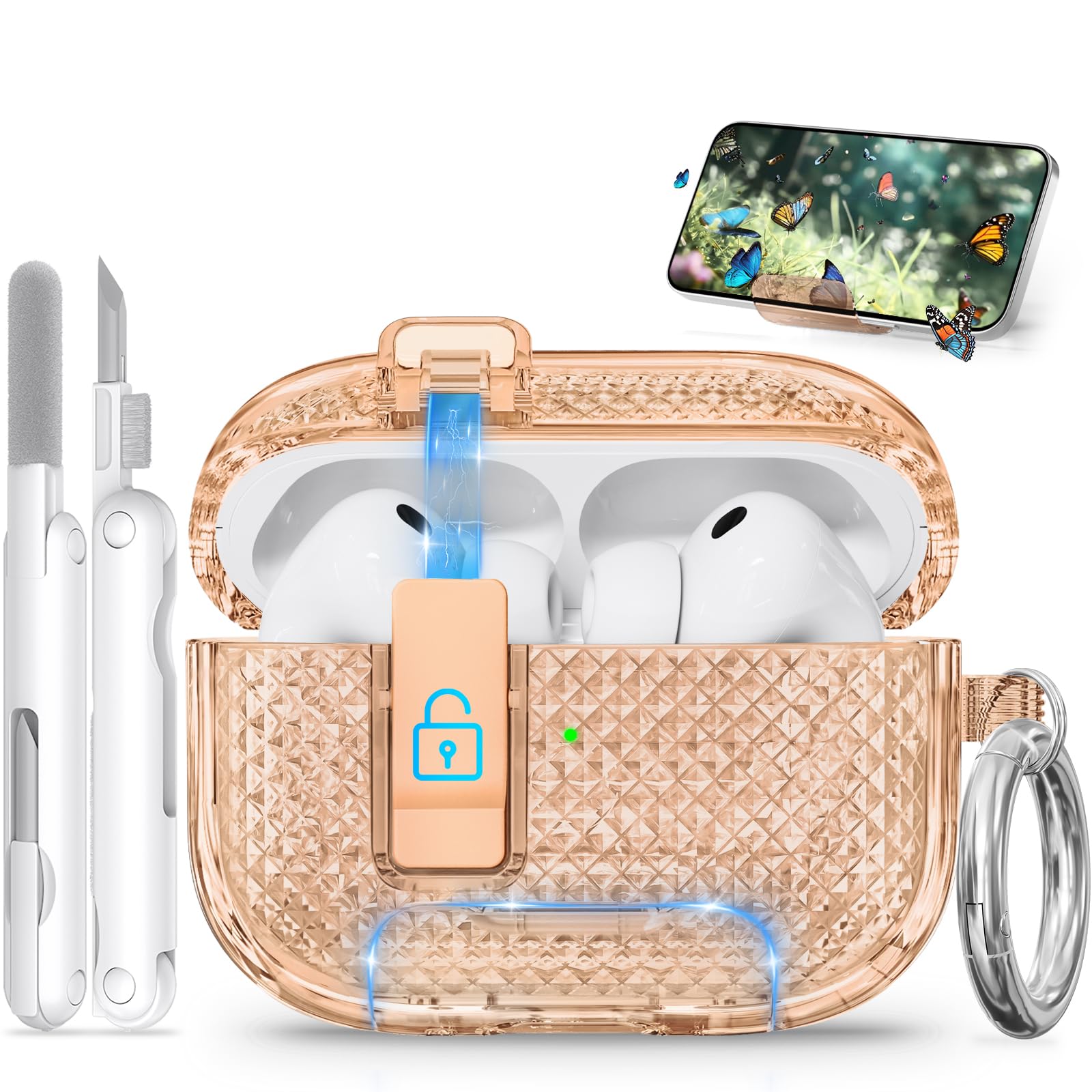 for AirPods Pro 3 Case 2025 with Phone Stand &amp; Secure Lock, Auto-Open Clear Case Cover Compatible with Apple AirPods Pro 3rd Generation with Cleaning Kit &amp; Keychain