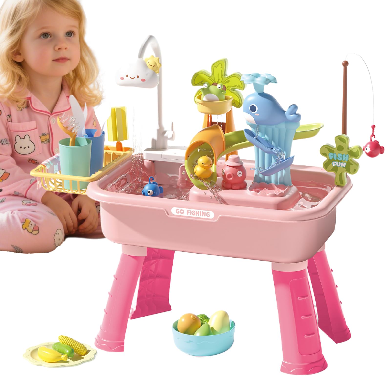 Wasserspiel Tisch für Kinder Sand und Wasser Spielzeug Set | 4 in 1 Waschbecken mit elektrischem Wasserhahn Lernspielzeug Rollenspiel für Mädchen Park Pool Kindergarten Garten