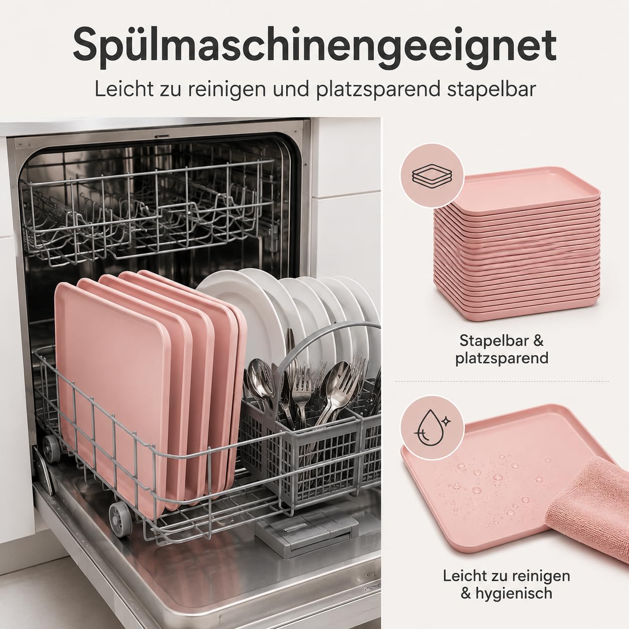 Lot de 24 plateaux de service jusqu'à 20 kg - Résistants aux températures - Passe au micro-ondes - Bord surélevé - Rectangulaire - Passe au lave-vaisselle - Pour cuisine, cantine, café (rose)