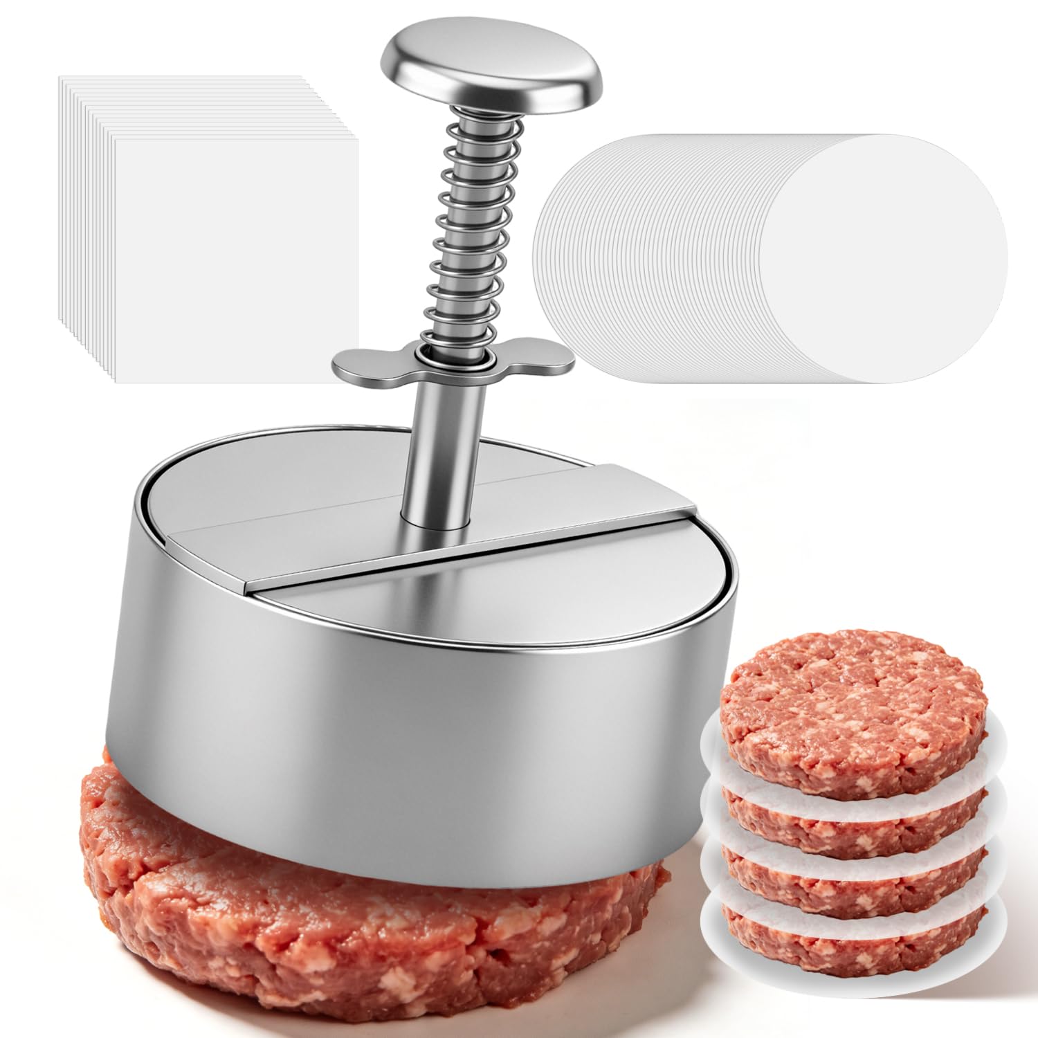 304 Acero Inoxidable Prensa Hamburguesas Hacer Hamburguesas de 11Cm de Diámetro Incluye 150 Láminas Papel Horno Molde para Hacer Hamburguesas Adecuado para Barbacoas y Ocasiones Similares